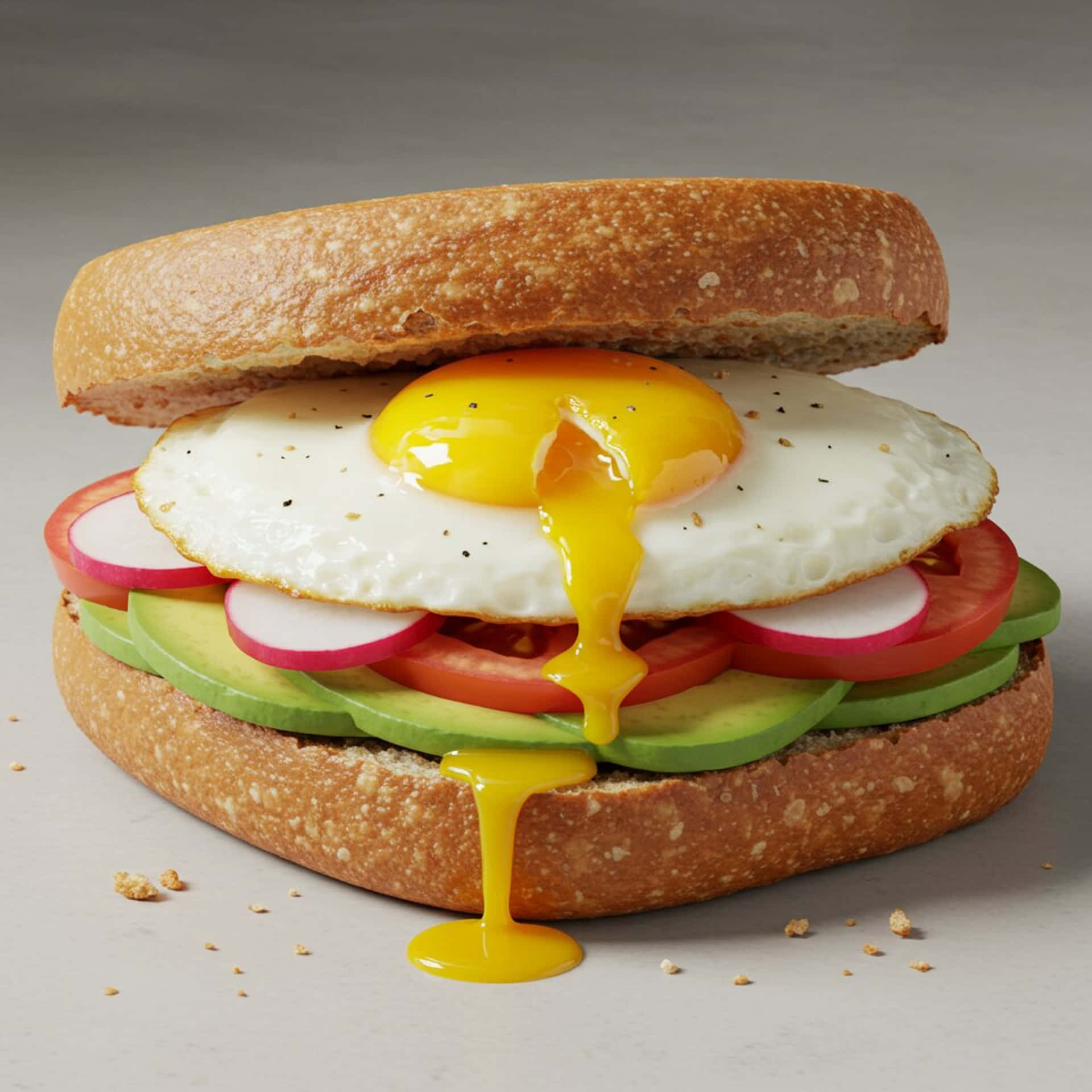 Fried egg sandwich 壁紙 — 一個烤過的貝果三明治，配上流心煎蛋，蛋黃滴在酪梨、番茄和蘿蔔片上。