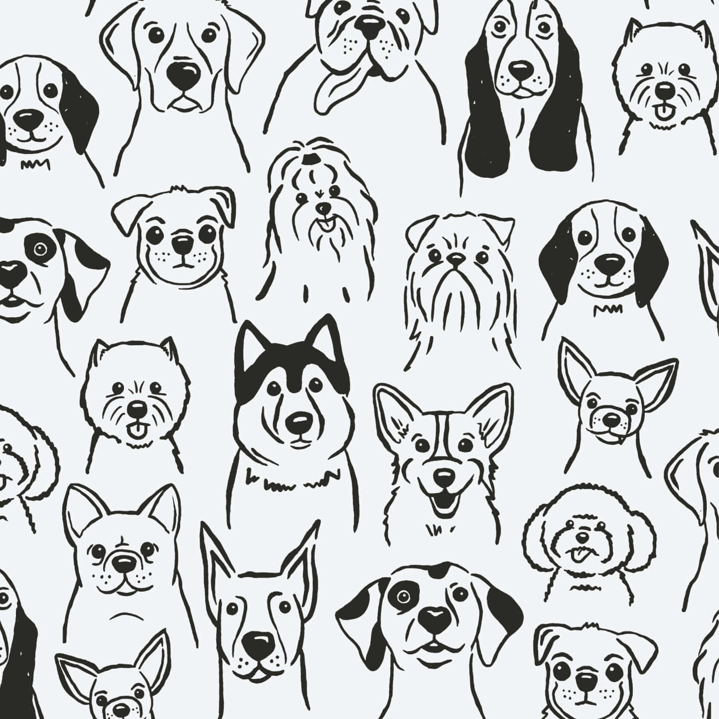 Aesthetic Dogs 桌布 壁紙 — 一個無縫圖案，以粗黑輪廓在淺灰色背景上描繪各種狗品種。