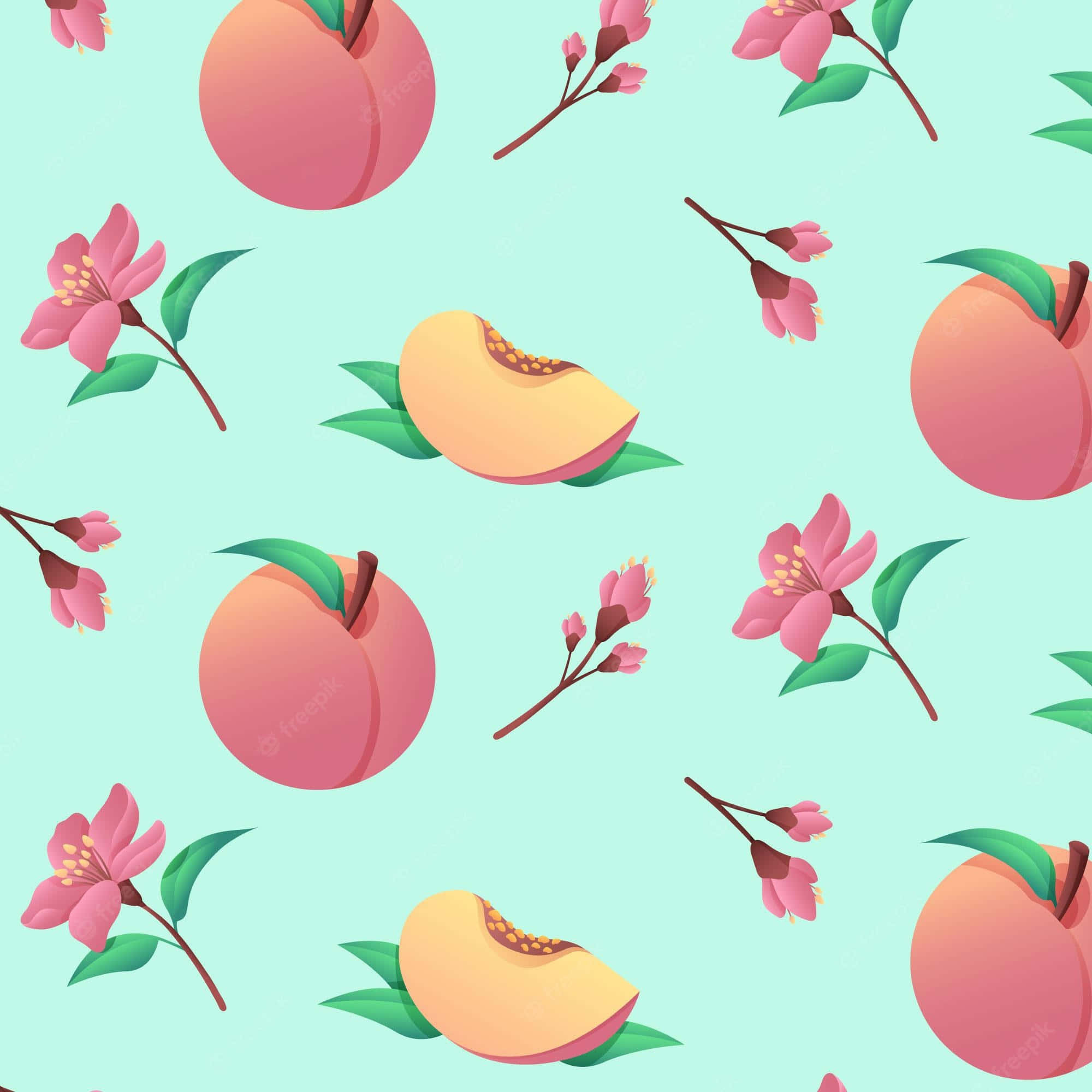 Cute Peach 桌布 壁紙 — 一個無縫圖案，包含完整和切片的水蜜桃，配以粉紅花朵和綠葉，背景為薄荷色。