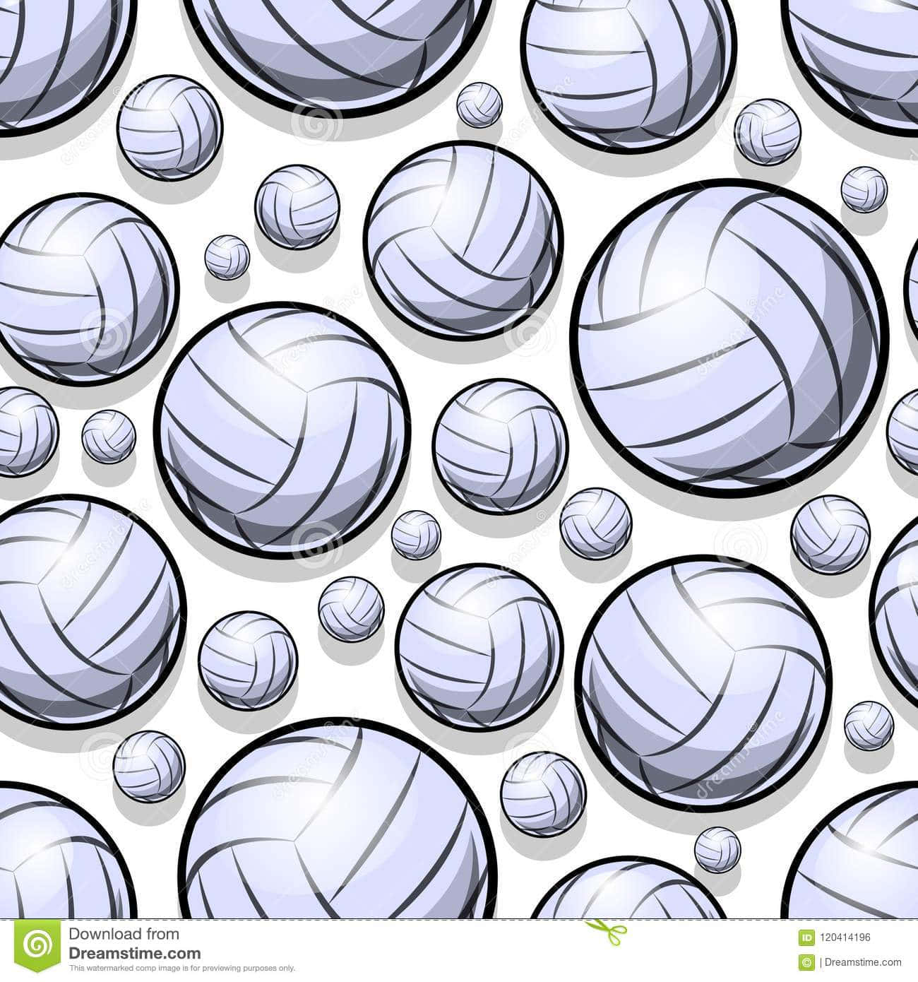 Volleyball Ball 桌布 壁紙 — 一個無縫圖案，由不同大小的卡通風格排球散落在白色背景上，帶有柔和陰影。