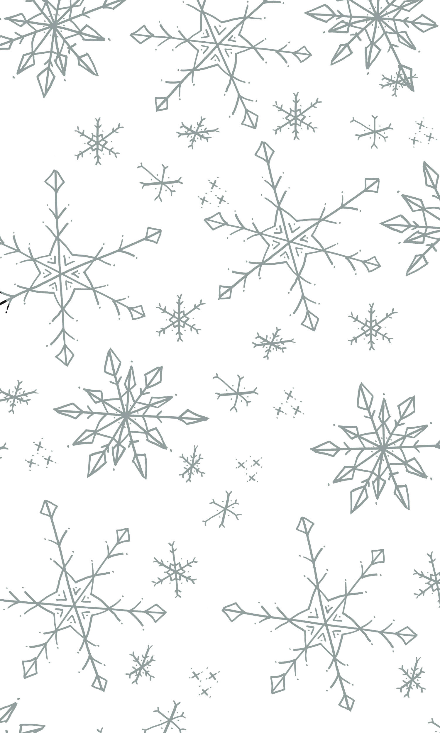 Snowflake iPhone 桌布 壁紙 — 一個無縫圖案，由各種尺寸的複雜灰色雪花散落在乾淨的白色背景上。