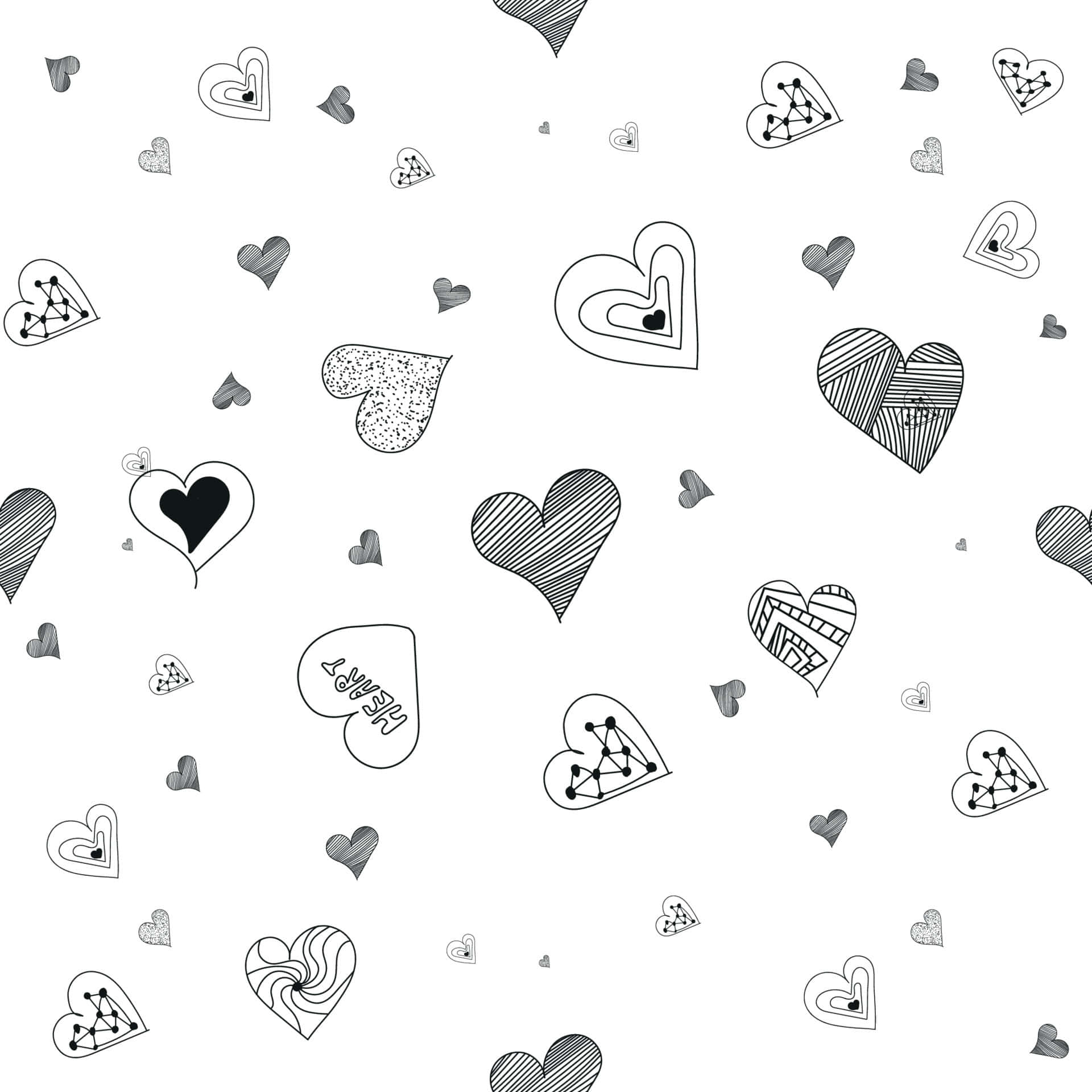 Black And White Heart 桌布 壁紙 — 一個無縫圖案，由黑白風格化的心形組成，具有不同的紋理和設計，散佈在乾淨的白色背景上。