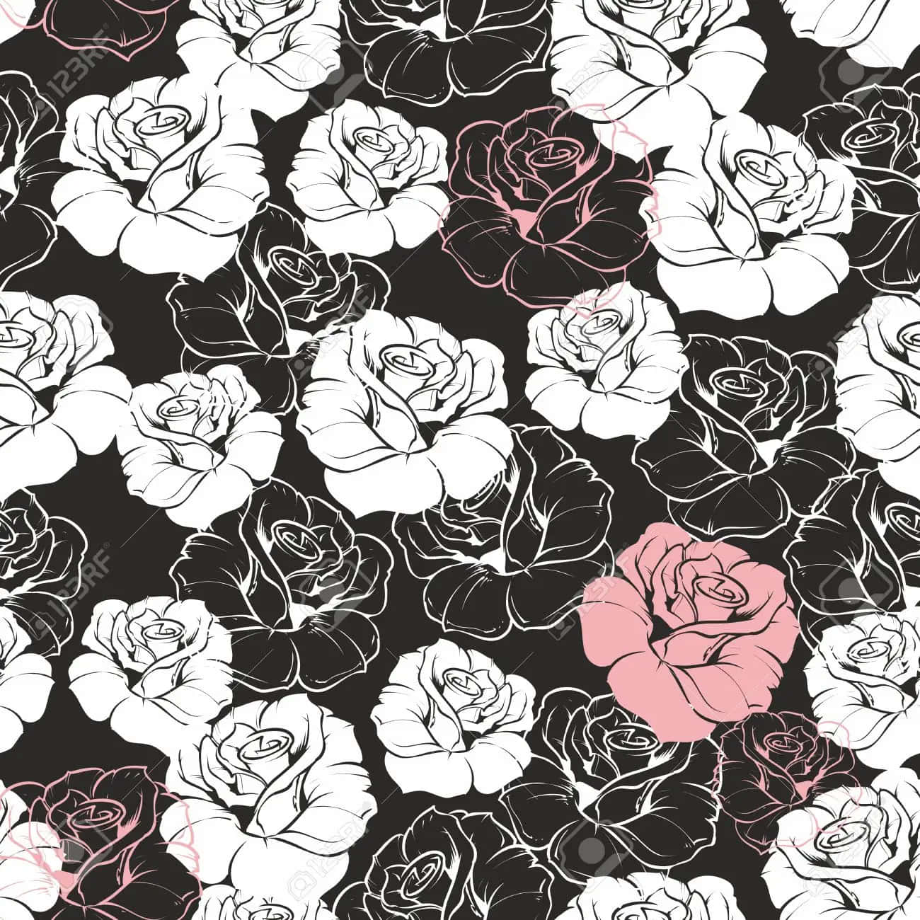 Pink Black And White 桌布 壁紙 — 一個無縫圖案，由黑色、白色和柔和粉紅色的風格化玫瑰組成，背景為深色。