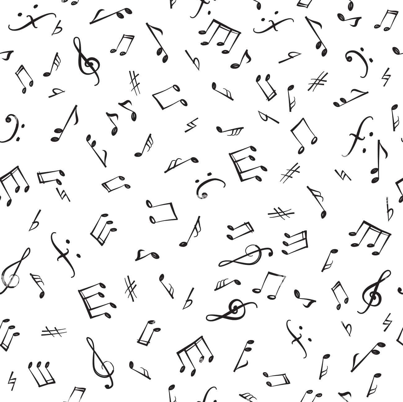 Music 桌布 壁紙 — 一個無縫圖案，黑色音符和符號散落在白色背景上。