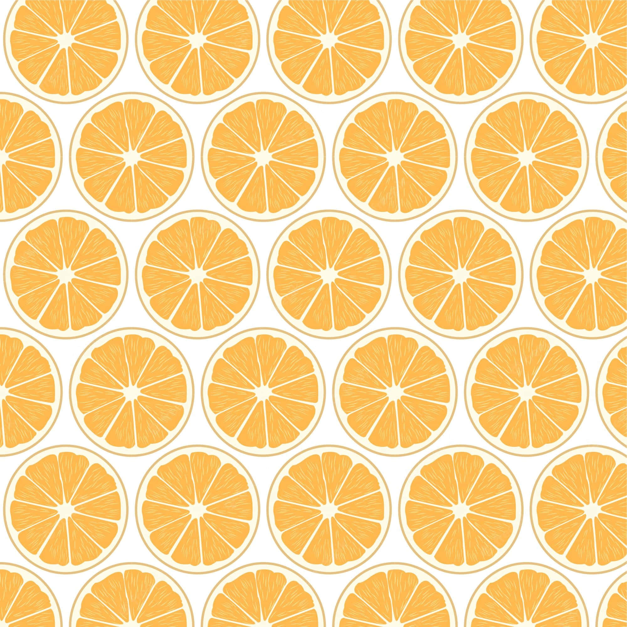 Cute Orange 桌布 壁紙 — 一個無縫的切片柳橙圖案，帶有鮮豔的橙色果肉和淡黃色的果皮，在清晰的白色背景上。