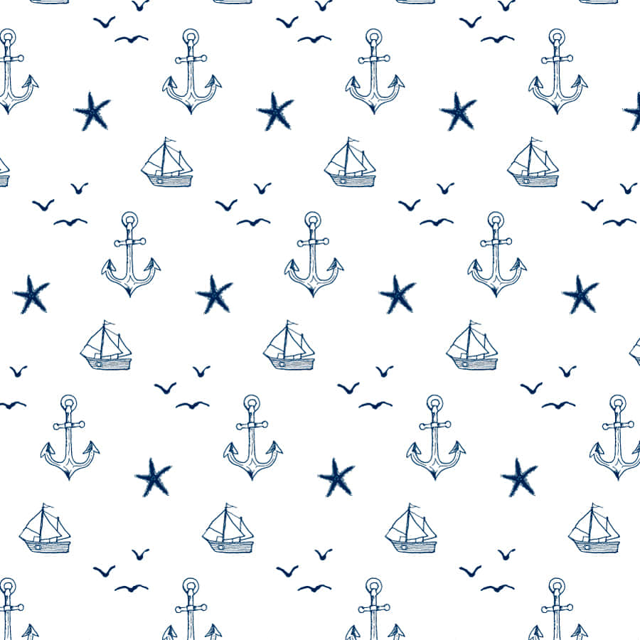 Nautical 桌布 壁紙 — 一個無縫航海圖案，海軍藍色，包含錨、帆船、海星和海鷗，背景為純白色。