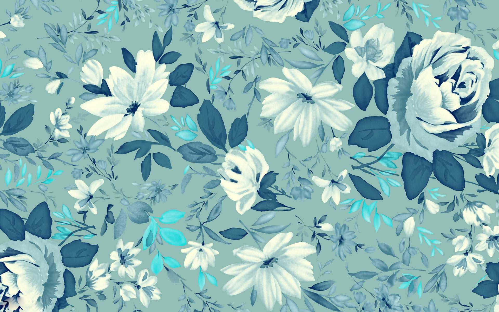 tumblr 花朵 桌布 壁紙 — 一個無縫花卉圖案，在青綠色背景上帶有白色和藍色花朵。