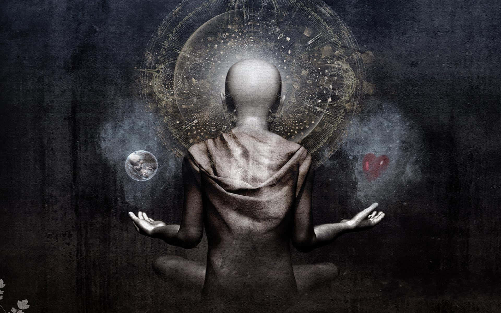 桌布 壁紙 — 一個無頭人物在黑暗的氛圍中冥想，帶有發光的宇宙光環，手持地球儀和心臟。