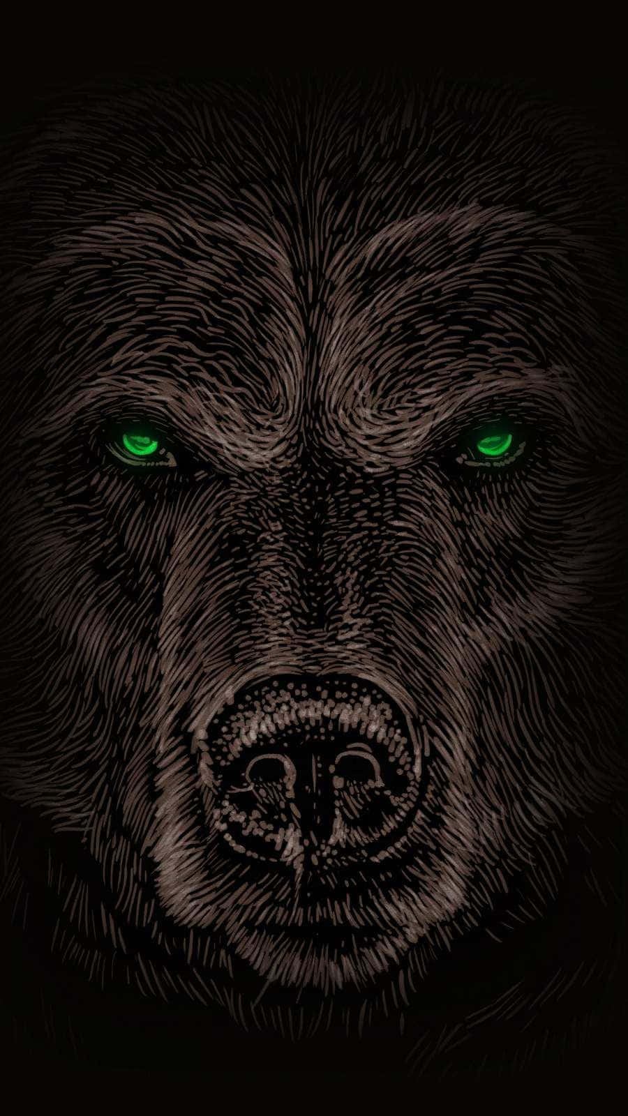 Bear iPhone 桌布 壁紙 — 一個熊臉的特寫插圖，帶有發光的綠色眼睛，背景為黑色。