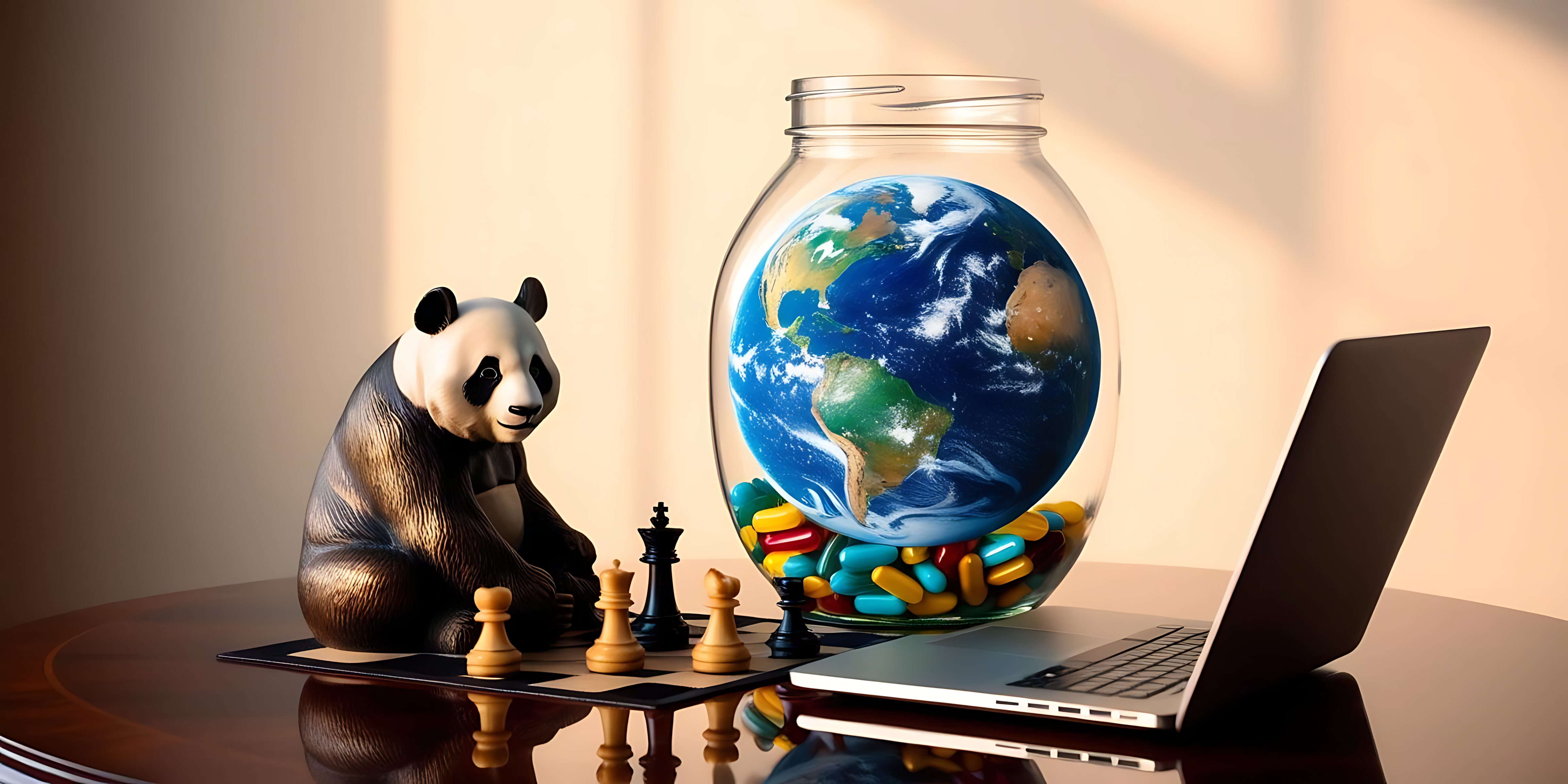globe 桌布 壁紙 — 一個熊貓公仔坐在棋盤上，旁邊有一個玻璃罐裝著地球儀和彩色糖果，還有一部打開的筆記型電腦。