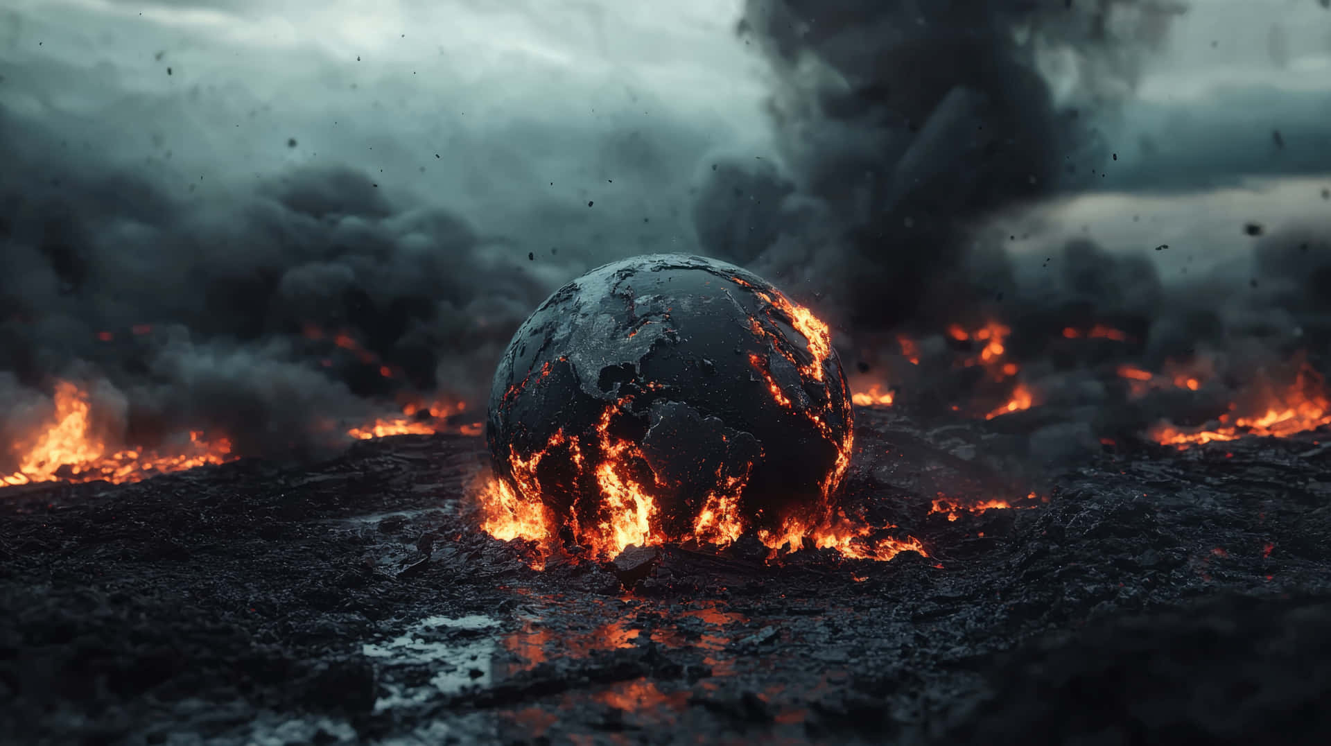 A surreal depiction of a burning planet surrounded by molten lava and thick black smoke 壁紙 — 一個熔化的地球從熾熱的景觀中噴發，天空風暴密佈，濃煙滾滾。
