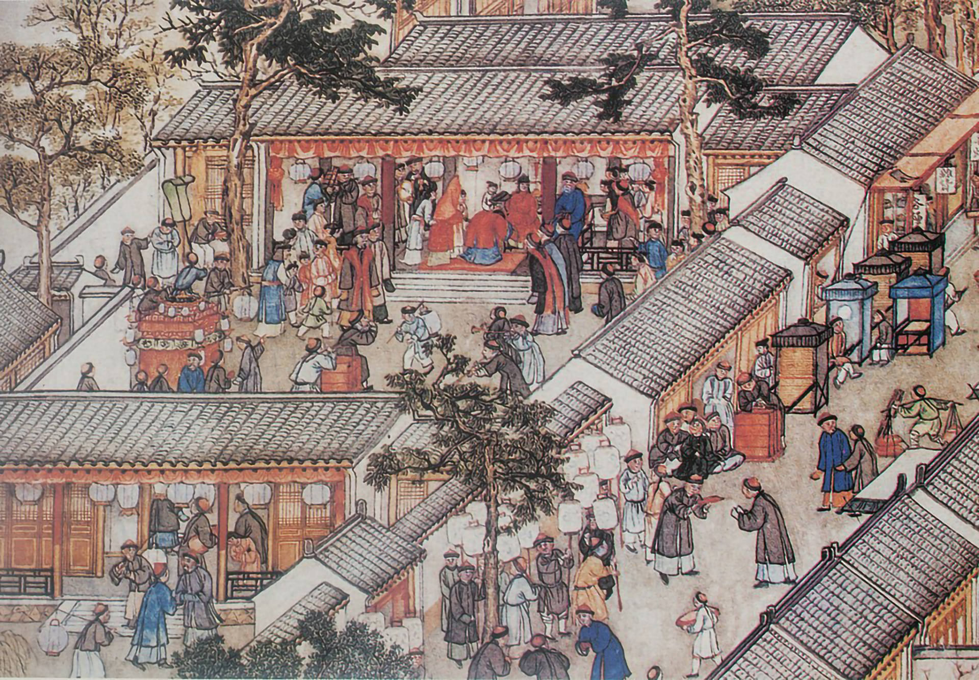 Suzhou 桌布 壁紙 — 一個熙熙攘攘的傳統中式庭院，充滿穿著歷史服飾的人們在瓦頂和燈籠下進行日常活動。