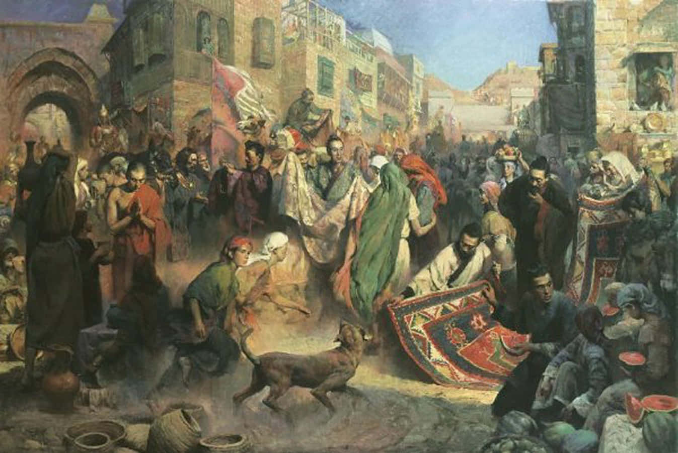history 桌布 壁紙 — 一個熙熙攘攘的古代市集，擠滿了穿著色彩繽紛長袍的人們，在晴朗的天空下討價還價地毯和商品。