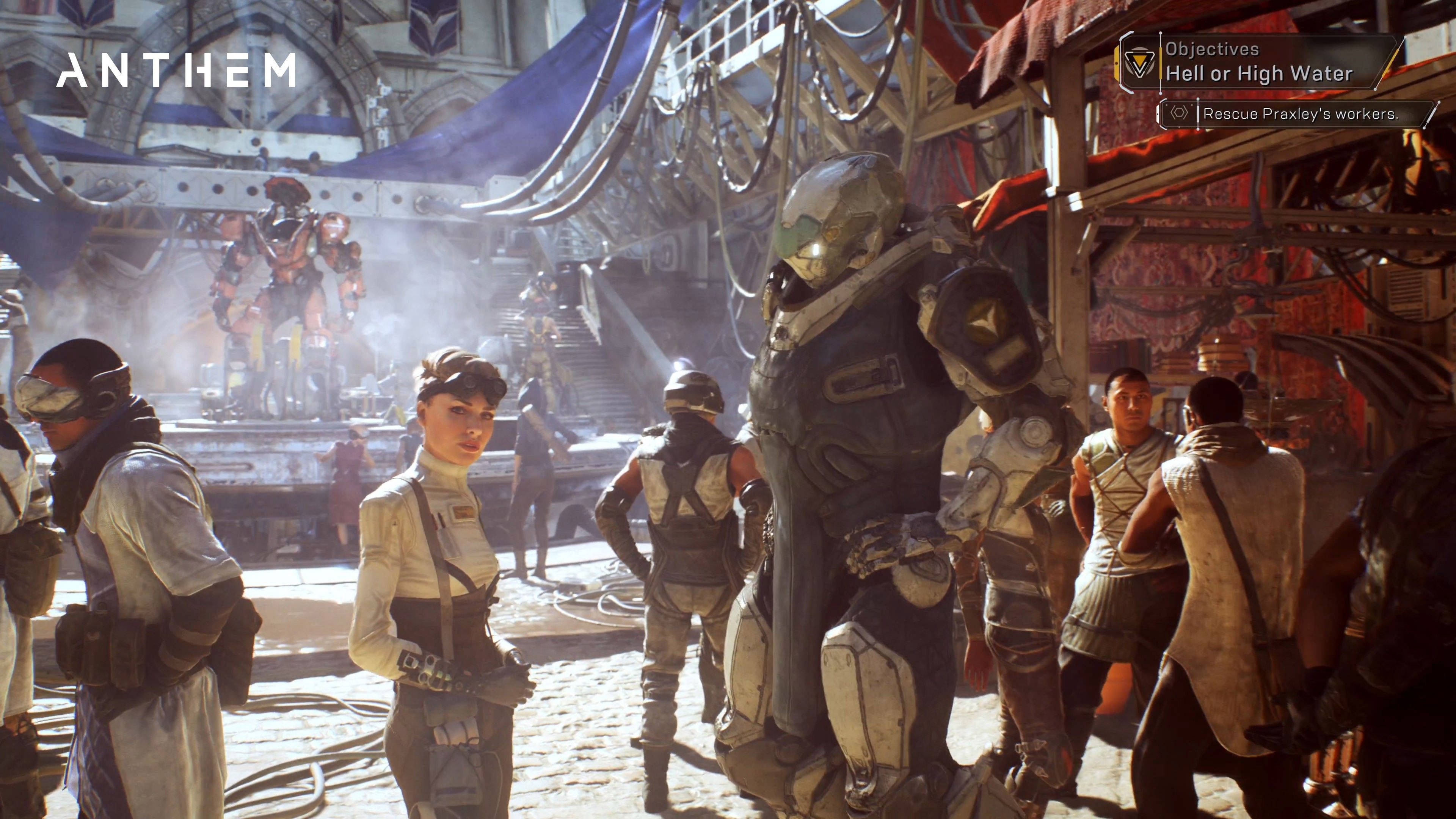 anthem 4K 桌布 壁紙 — 一個熙熙攘攘的未來市場，裝甲冒險者和平民在宏偉的機械結構下穿梭。