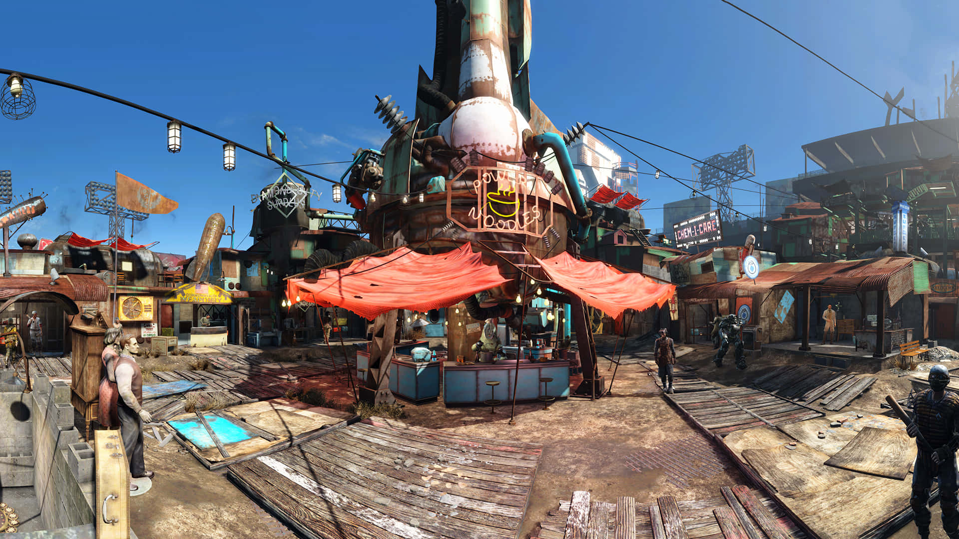 Diamond City 桌布 壁紙 — 一個熙熙攘攘的末日後市場，有生鏽的結構、橙色遮陽篷和散落的碎片，在晴朗的藍天下。