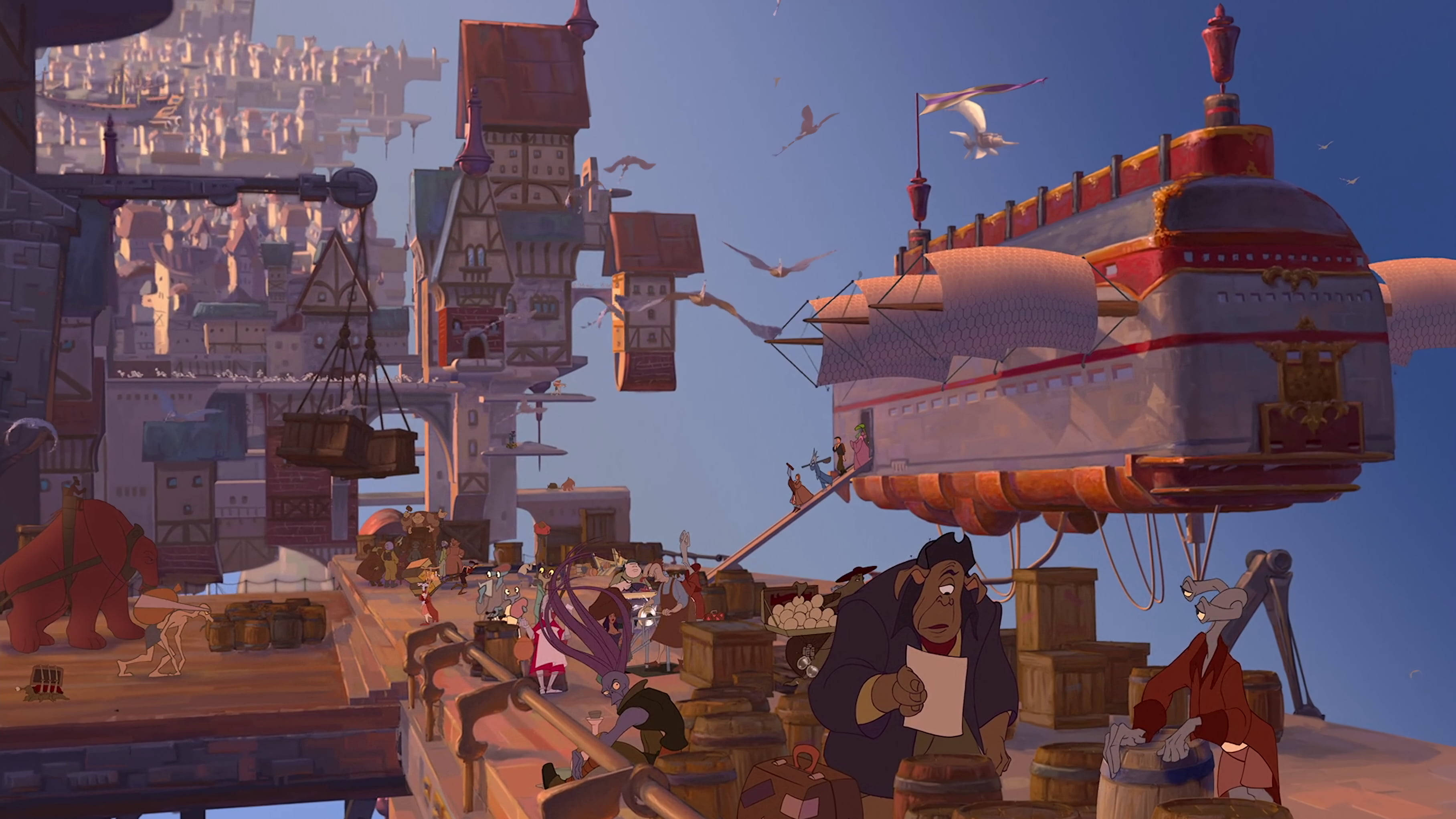 Treasure Planet 桌布 壁紙 — 一個熙熙攘攘的漂浮市場，色彩繽紛的建築物和一個大型飛船停泊在晴朗的藍天下。