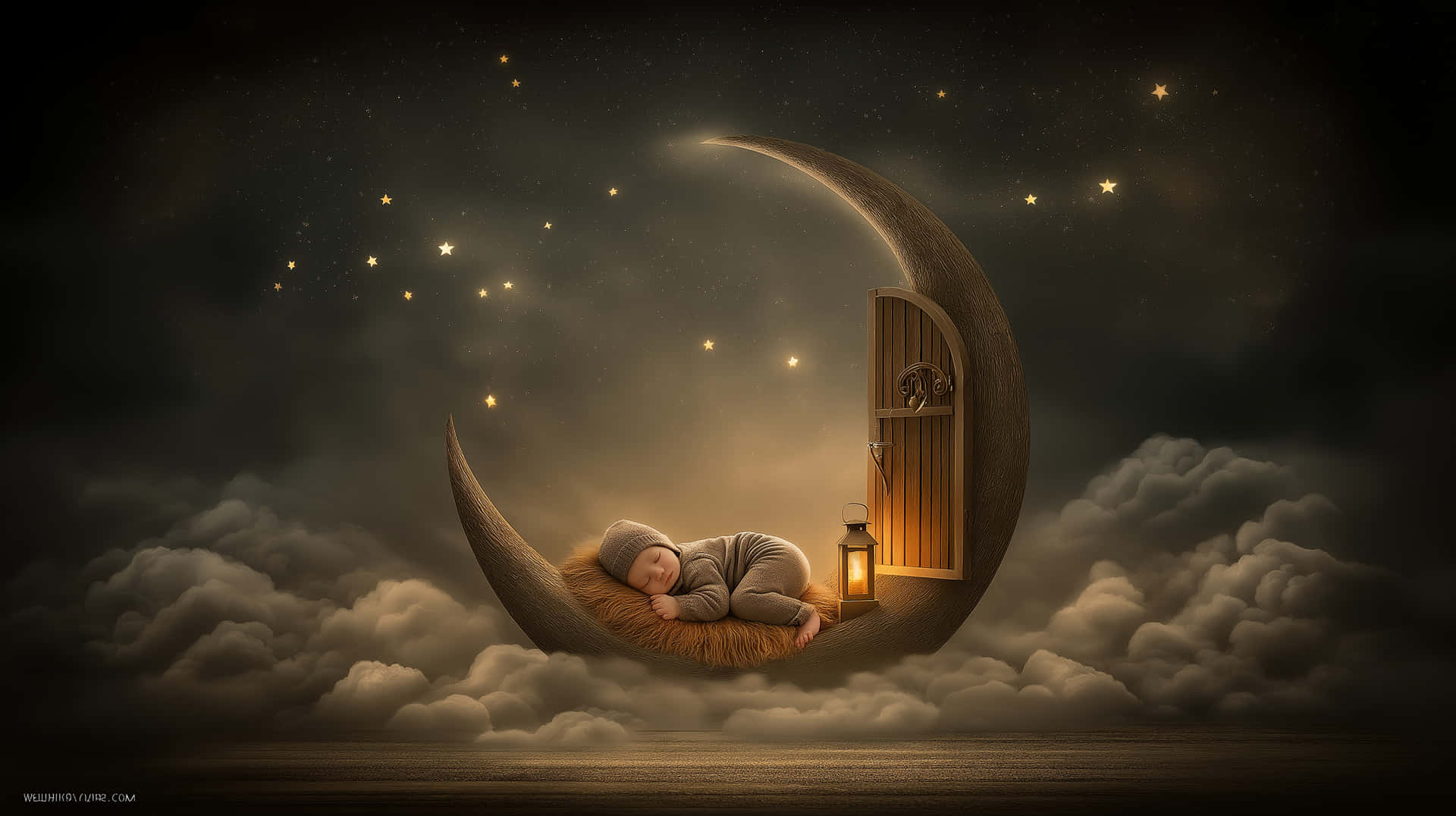 Cozy Newborn Asleep on Furry Moon with Fairy Lights 壁紙 — 一個熟睡的嬰兒躺在雲朵中的新月上，旁邊有發光的燈籠和木門，在星空下休息。