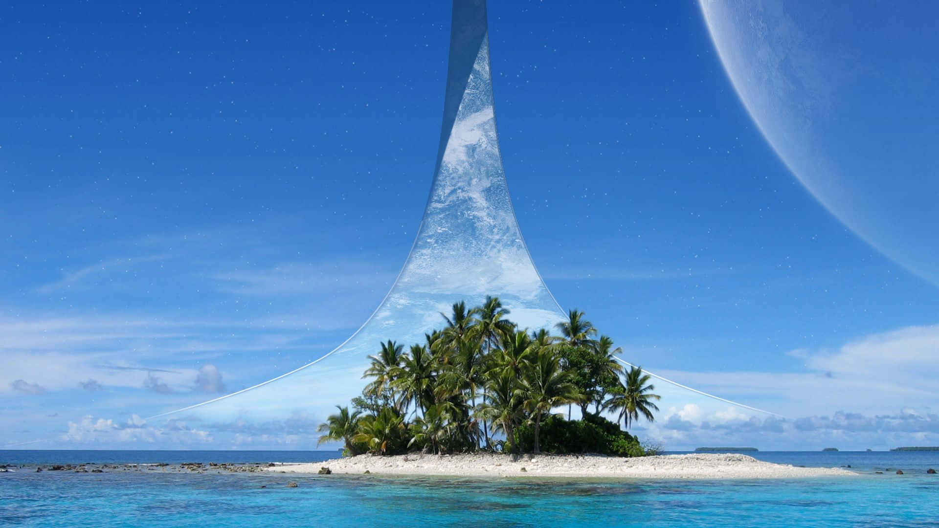 Halo Ark 桌布 壁紙 — 一個熱帶島嶼，棕櫚樹下，上方是巨大的彎月和繁星點點的藍色天空。