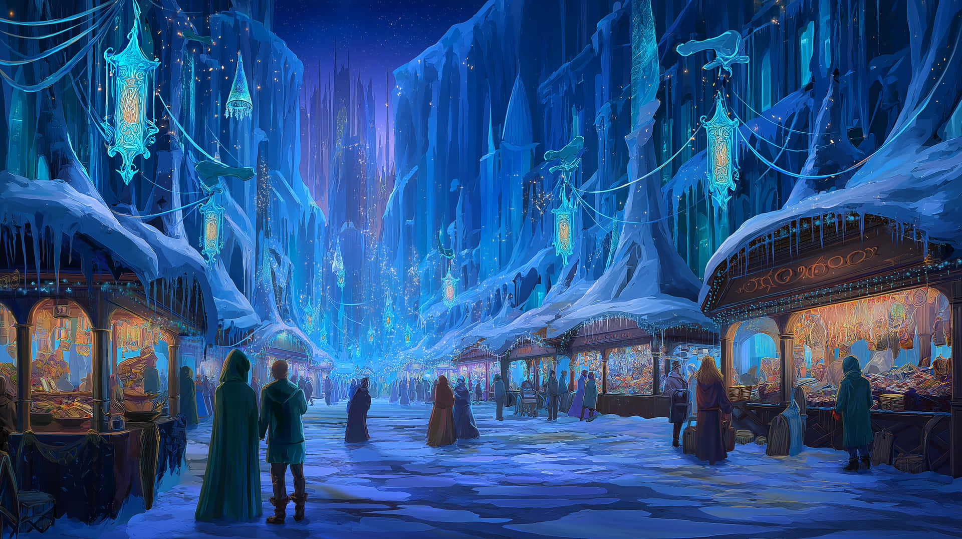Magical Winter Market with Ice Structures and Blue Hues 壁紙 — 一個熱鬧的冰凍市場，在發光的藍色冰柱下，有溫暖的燈籠和積雪覆蓋的攤位。