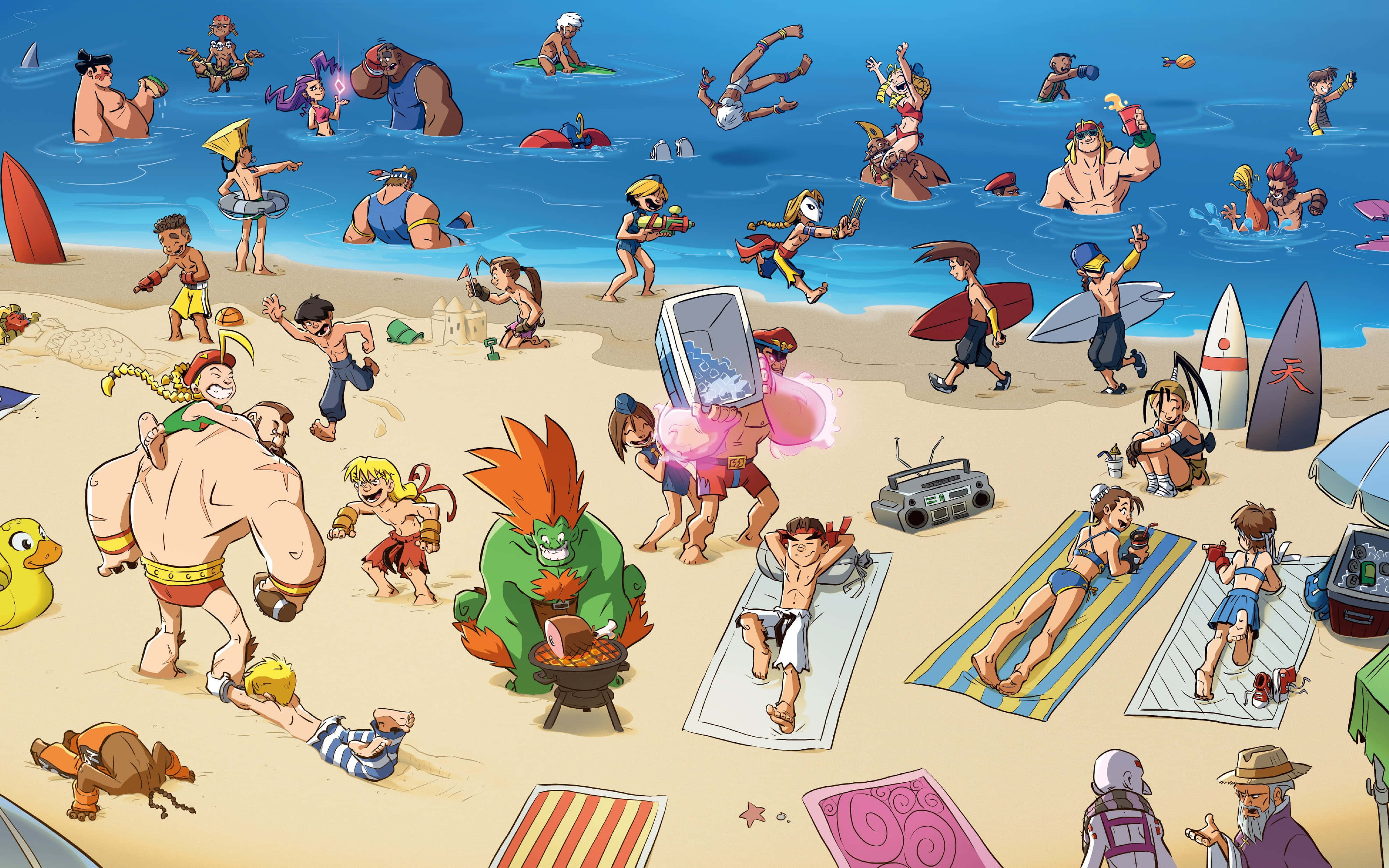 Beach Games 桌布 壁紙 — 一個熱鬧的卡通海灘場景，有不同角色在明亮的日光下在充滿活力的藍色海水中曬太陽、衝浪和玩耍。