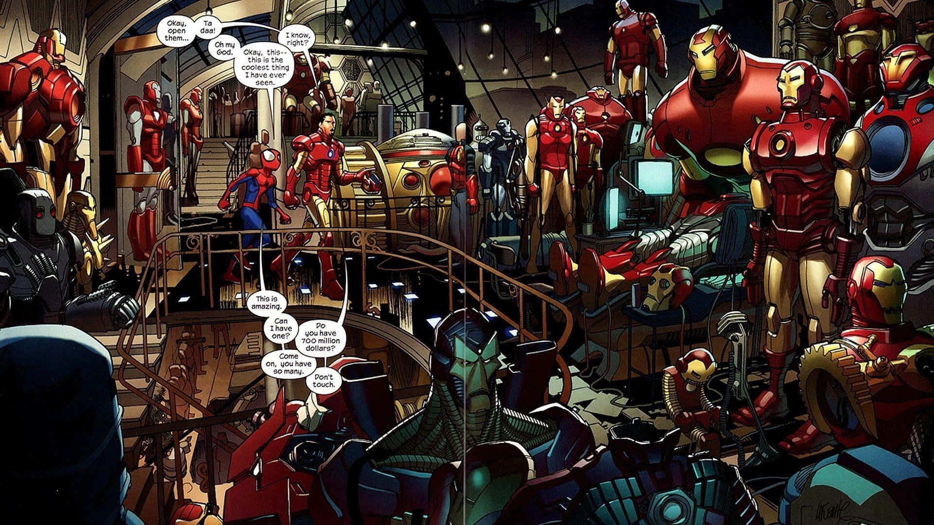 Iron Man Comics 桌布 壁紙 — 一個熱鬧的漫畫場景，充滿了鋼鐵人戰衣和蜘蛛人在一個高科技工作室中，並帶有對話氣泡。