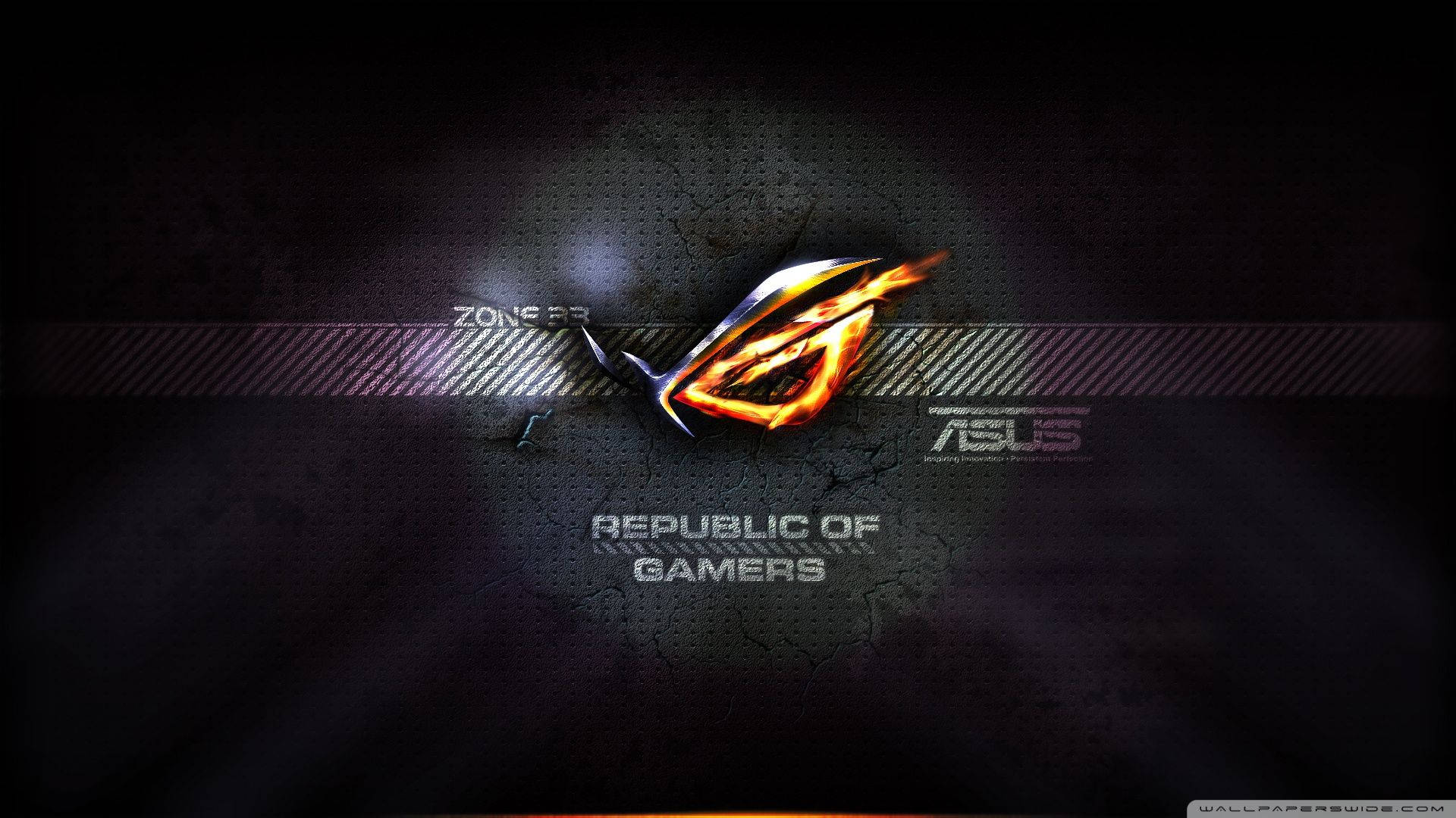 ASUS 桌布 壁紙 — 一個熾熱發光的 ROG 標誌置於深色紋理背景中央，帶有 'Republic of Gamers' 文字和對角條紋點綴。