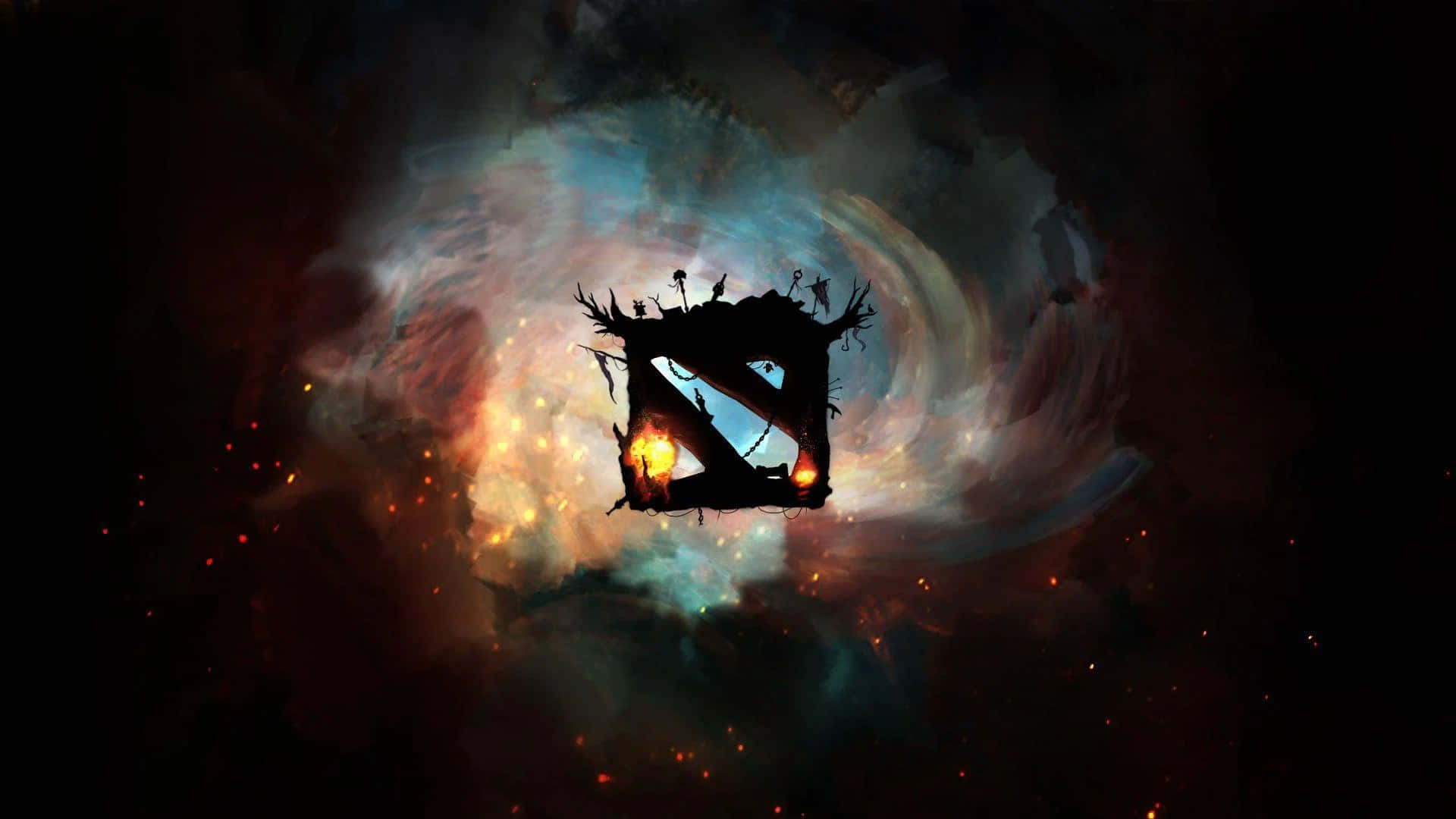 標誌 桌布 壁紙 — 一個熾熱發光的DOTA 2標誌剪影漂浮在旋轉的宇宙星雲中，火花四濺。