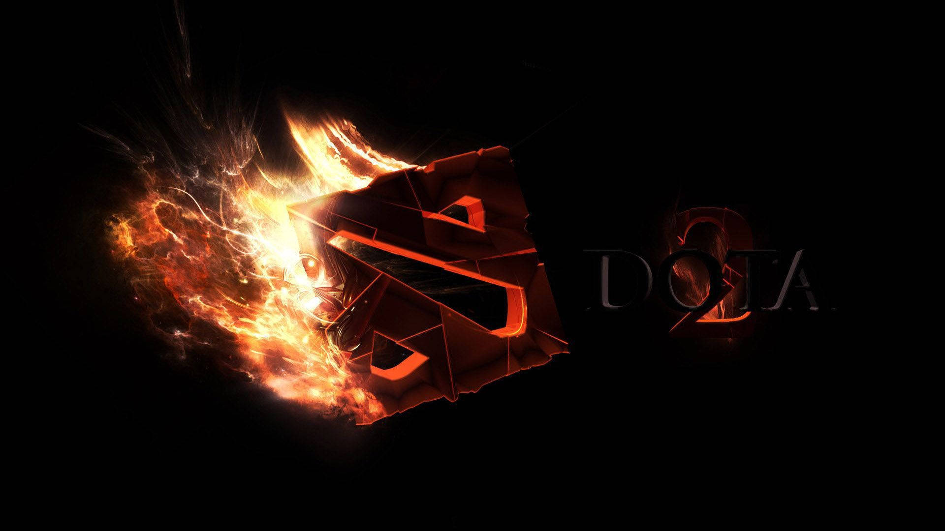 電玩遊戲 桌布 壁紙 — 一個熾熱發光的DOTA 2標誌在黑色背景上爆發出強烈的橙色火焰。