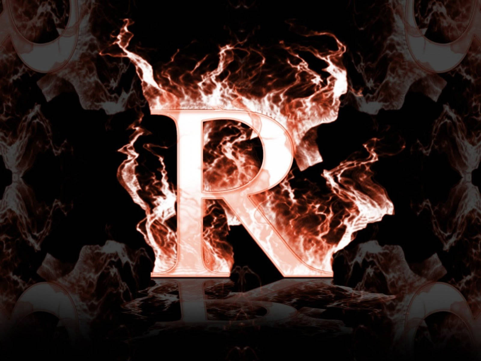 R 桌布 壁紙 — 一個熾熱發光的字母R在黑暗的裂紋背景上噴發出熔融的橙色火焰。