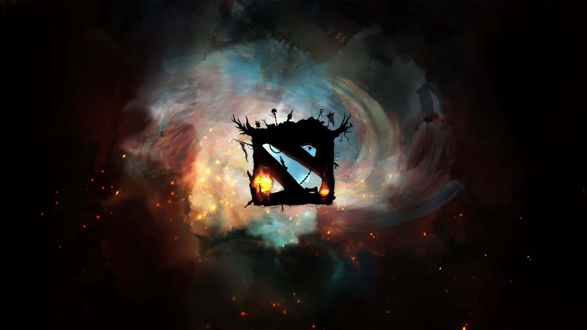 HD Dota 2 桌布 壁紙 — 一個熾熱的 Dota 2 標誌剪影從藍色、紅色和橙色的漩渦宇宙星雲中浮現。