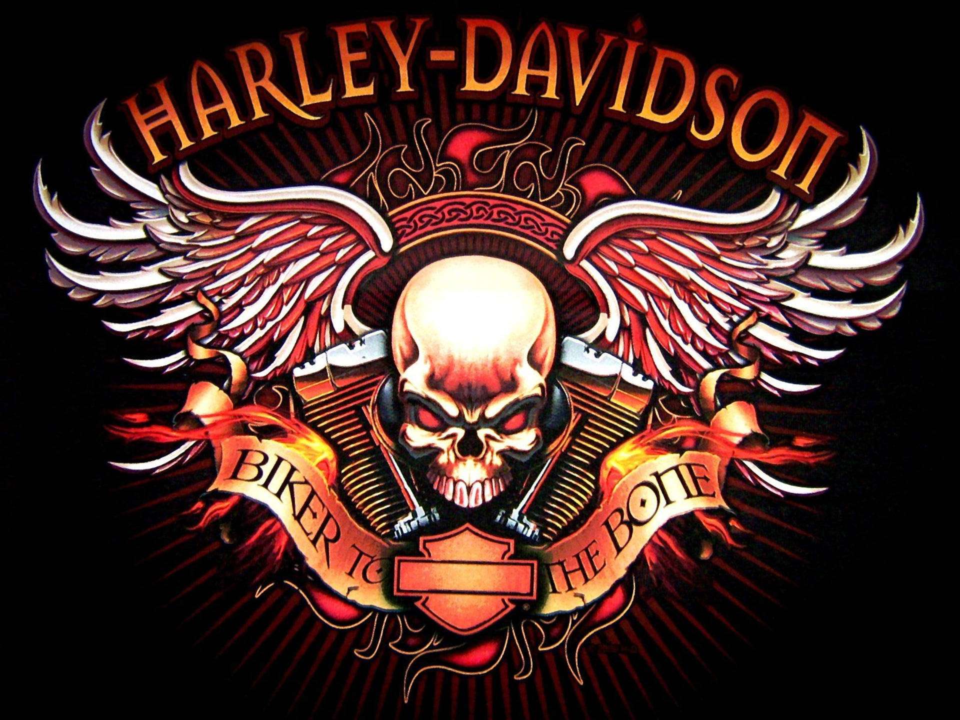 Harley-Davidson骷髏頭和翅膀標誌，帶有紅色火焰和引擎細節。 — 哈雷戴維森 GIF 壁紙