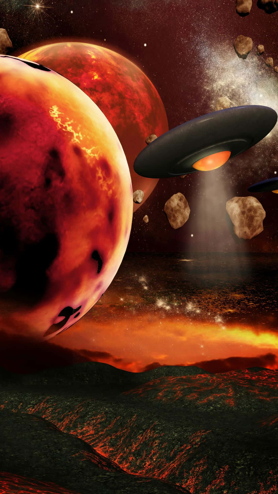 行星動畫 桌布 壁紙 — 一個熾熱的外星行星，有發光的熔岩河流和漂浮的岩石，UFO在星空下的火山景觀上方盤旋。