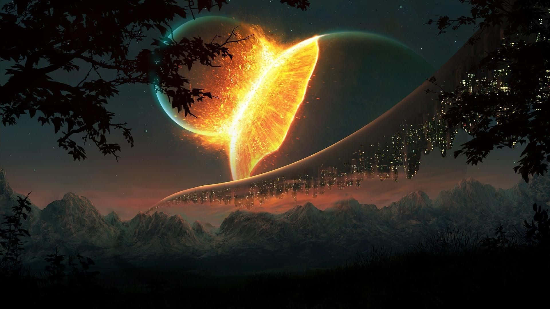 酷炫太空 桌布 壁紙 — 一個熾熱的天體在山脈上方爆發，而一個發光的城市景觀在樹枝框住的天空中蜿蜒而行。