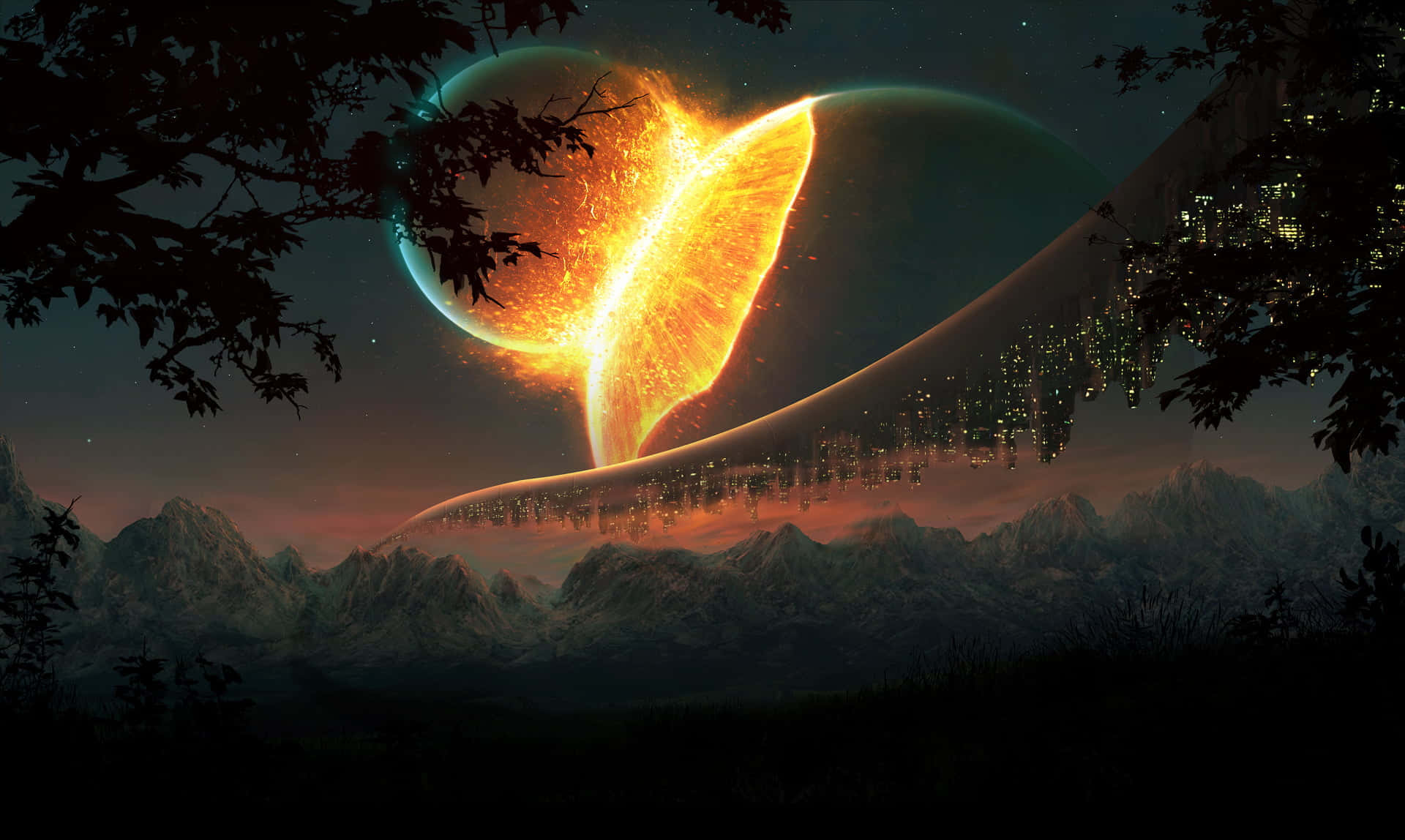 Space Art 桌布 壁紙 — 一個熾熱的天體在山脈上方爆發，而一個發光的城市景觀在星空的彎曲地平線上漂浮。