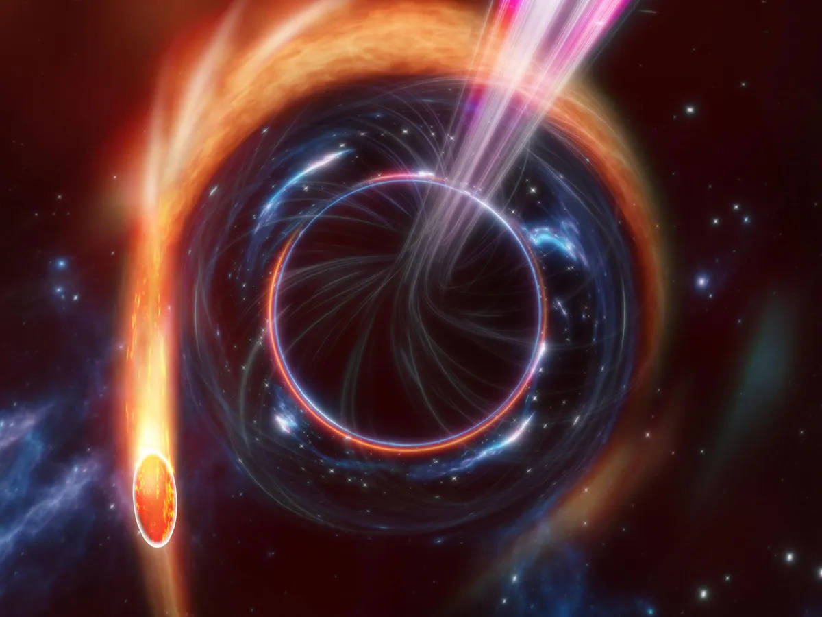一顆恆星墜入黑洞，帶有發光的吸積盤和光束。 — 黑洞 GIF 壁紙