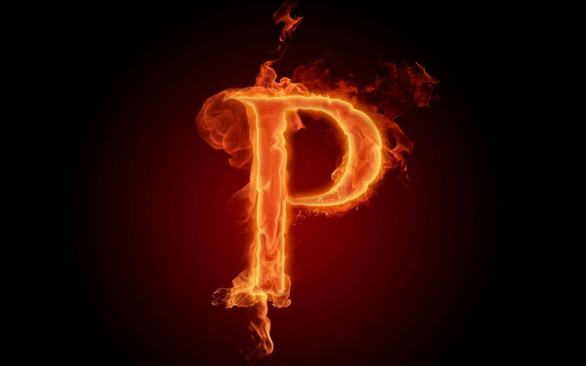 字母P 桌布 壁紙 — 一個熾熱的字母P在深紅色漸變背景上燃燒著發光的橙色火焰。