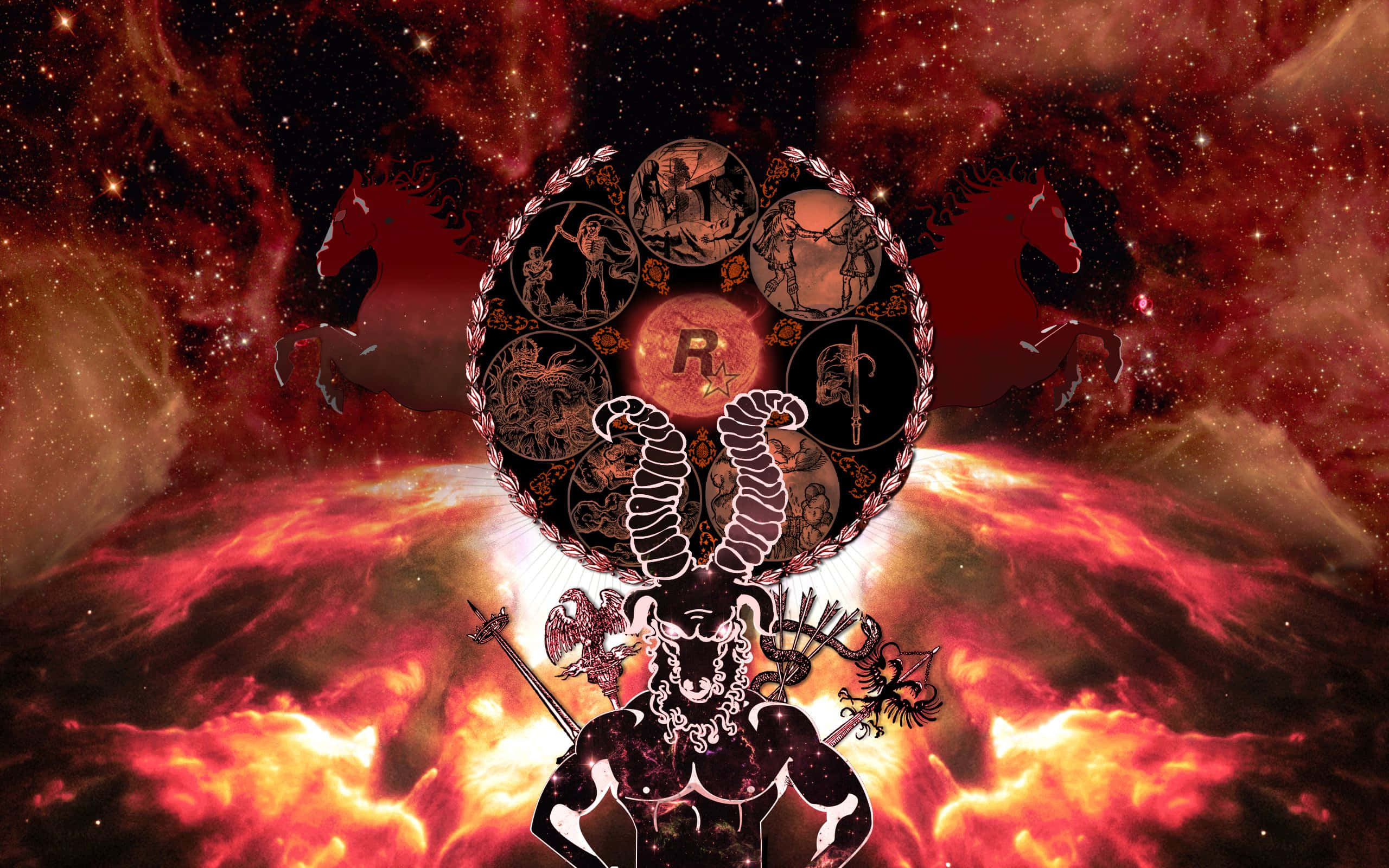 aries 桌布 壁紙 — 一個熾熱的宇宙場景，中央有一個黃道輪，神話人物被兩個馬的剪影包圍，背景是繁星點點的紅色星雲。