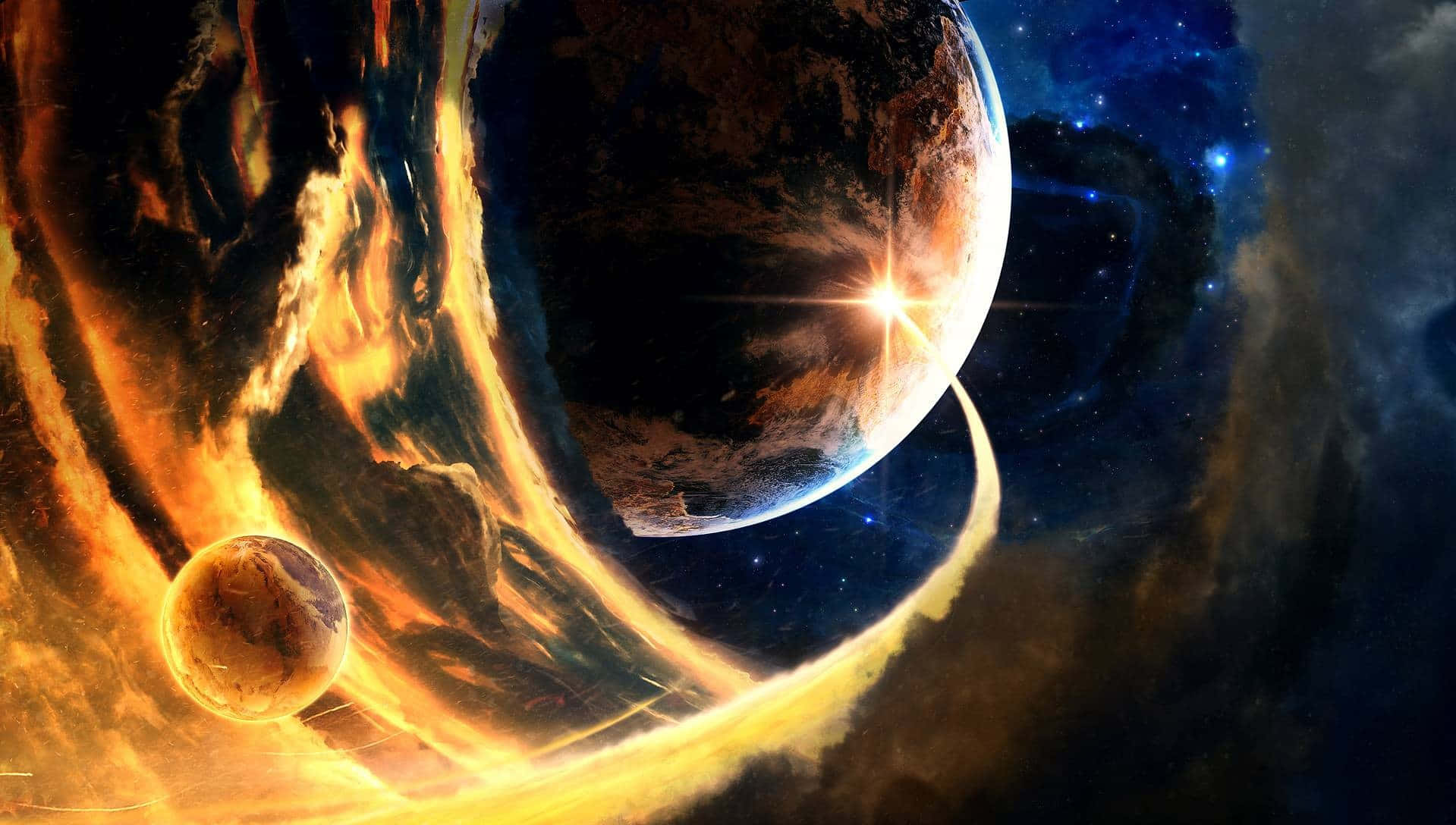 overwhelming 桌布 壁紙 — 一個熾熱的宇宙漩渦圍繞著一顆發光的行星旋轉，其核心有一個明亮的星爆，背景是繁星點點的星雲。