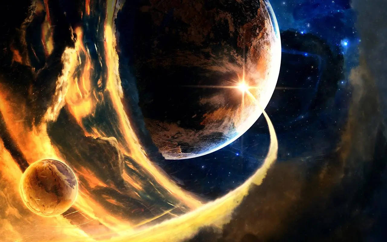 一顆被熾熱宇宙漩渦和發光恆星包圍的行星，在深空中。 — 行星動畫 壁紙