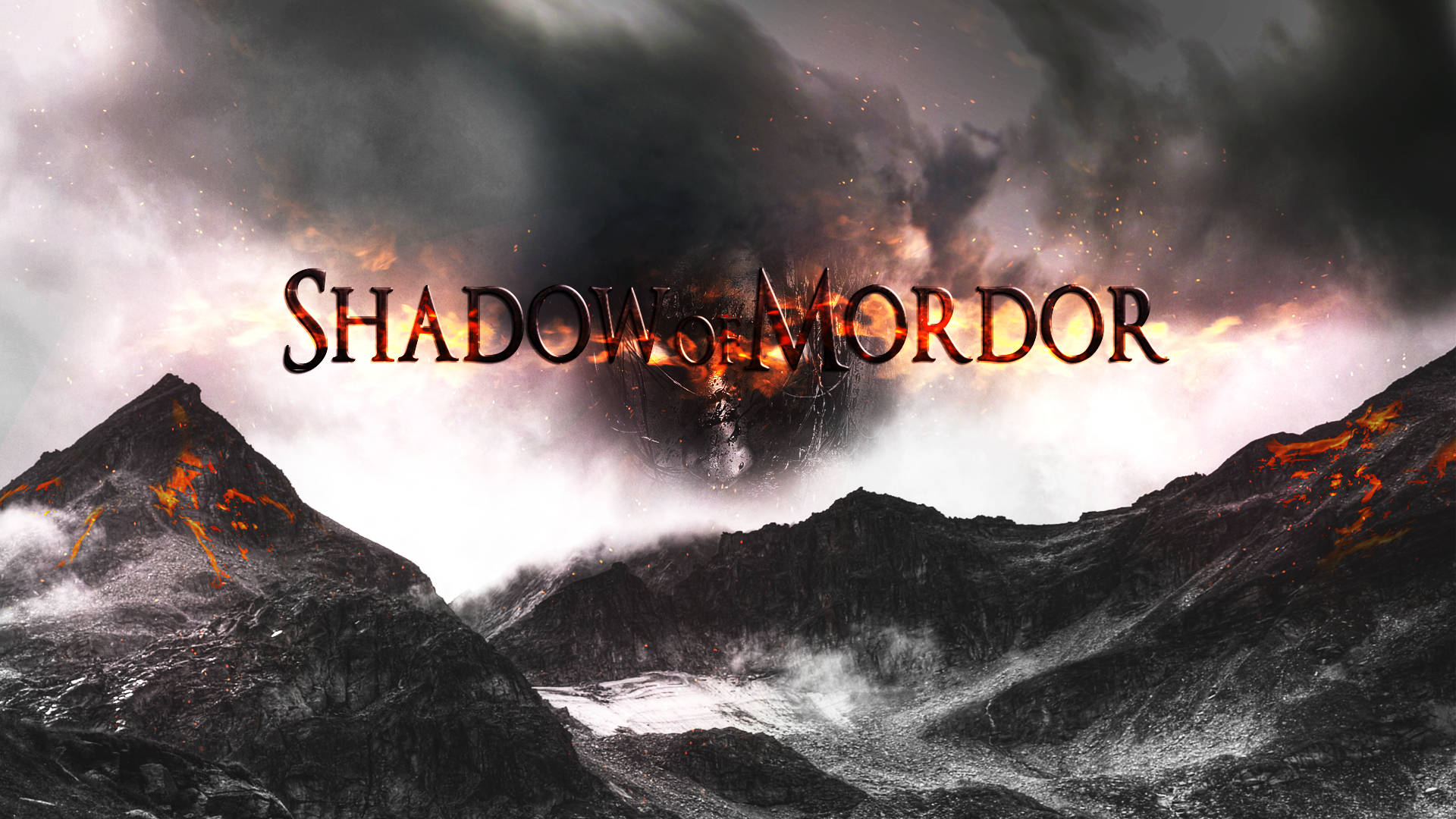 shadow 桌布 壁紙 — 一個熾熱的山地景觀，有烏雲和發光的熔岩流，標題為 Shadows of Mordor。