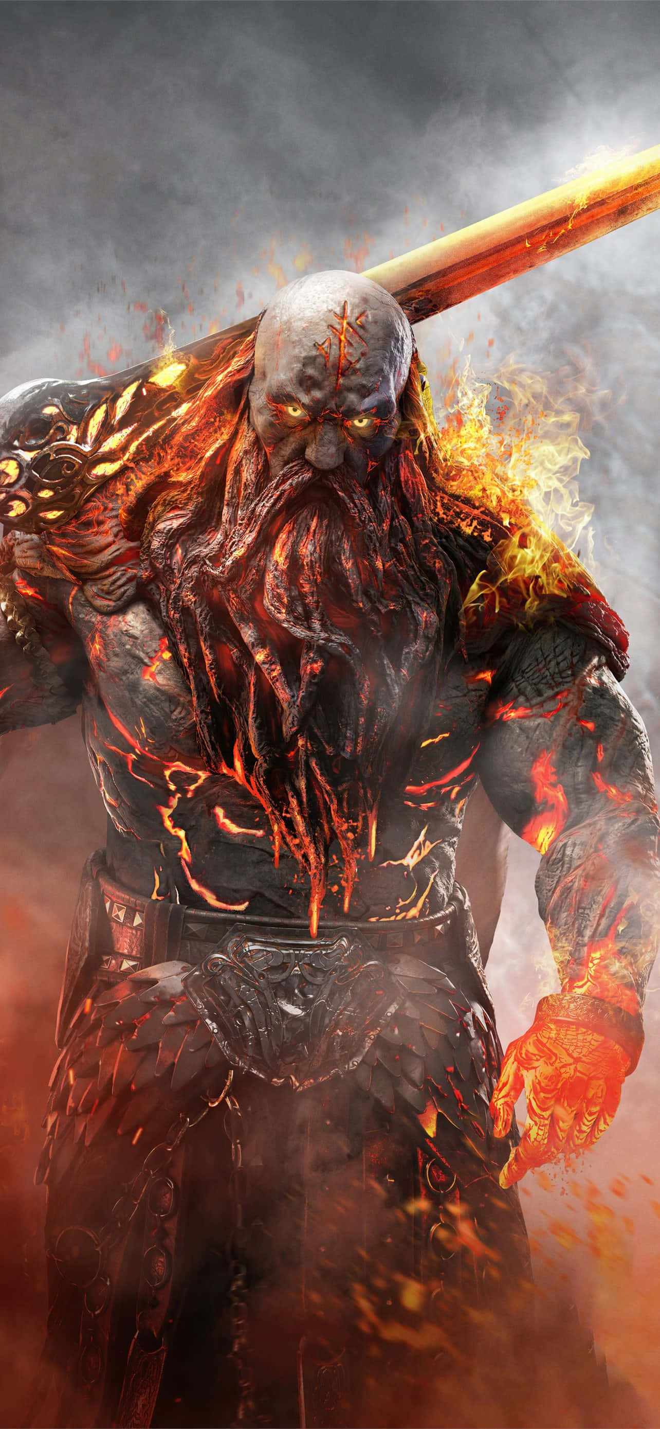 Norse Mythology 桌布 壁紙 — 一個熾熱的惡魔戰士，擁有發光的眼睛和熔化的鬍鬚，在煙霧瀰漫的黑暗背景下揮舞著火焰斧頭。