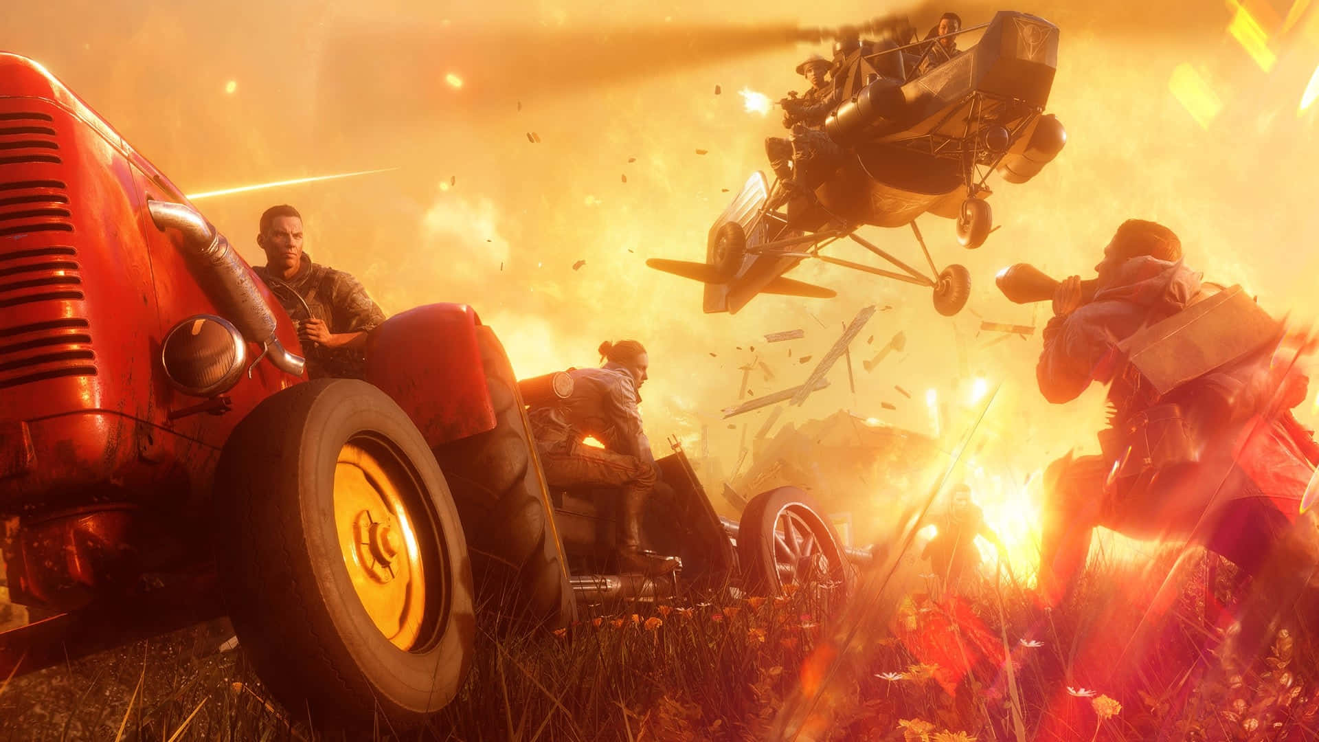 Battlefield Vehicles 桌布 壁紙 — 一個熾熱的戰場場景，有士兵、一輛紅色拖拉機和一架雙翼飛機在金橙色混亂中爆炸。
