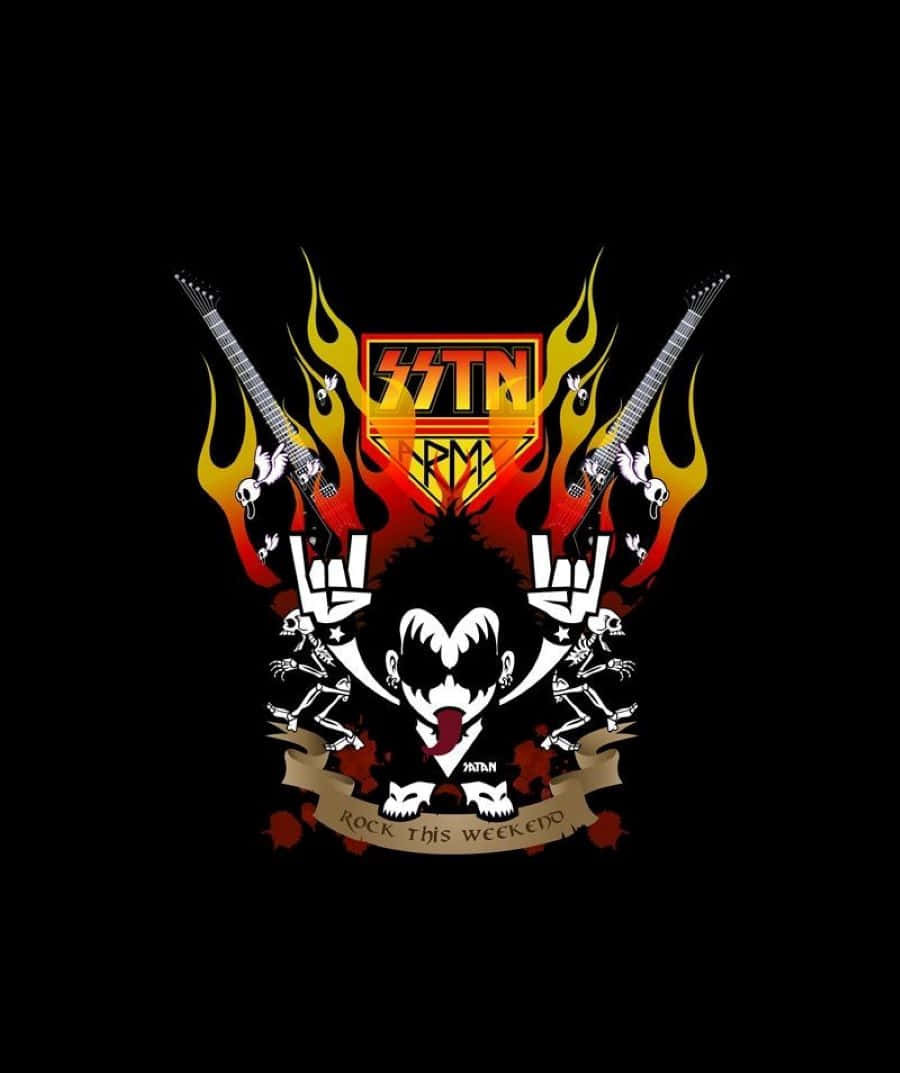 Heavy Metal 桌布 壁紙 — 一個熾熱的搖滾標誌，帶有交叉的吉他、骷髏頭和魔鬼面孔，背景為黑色。
