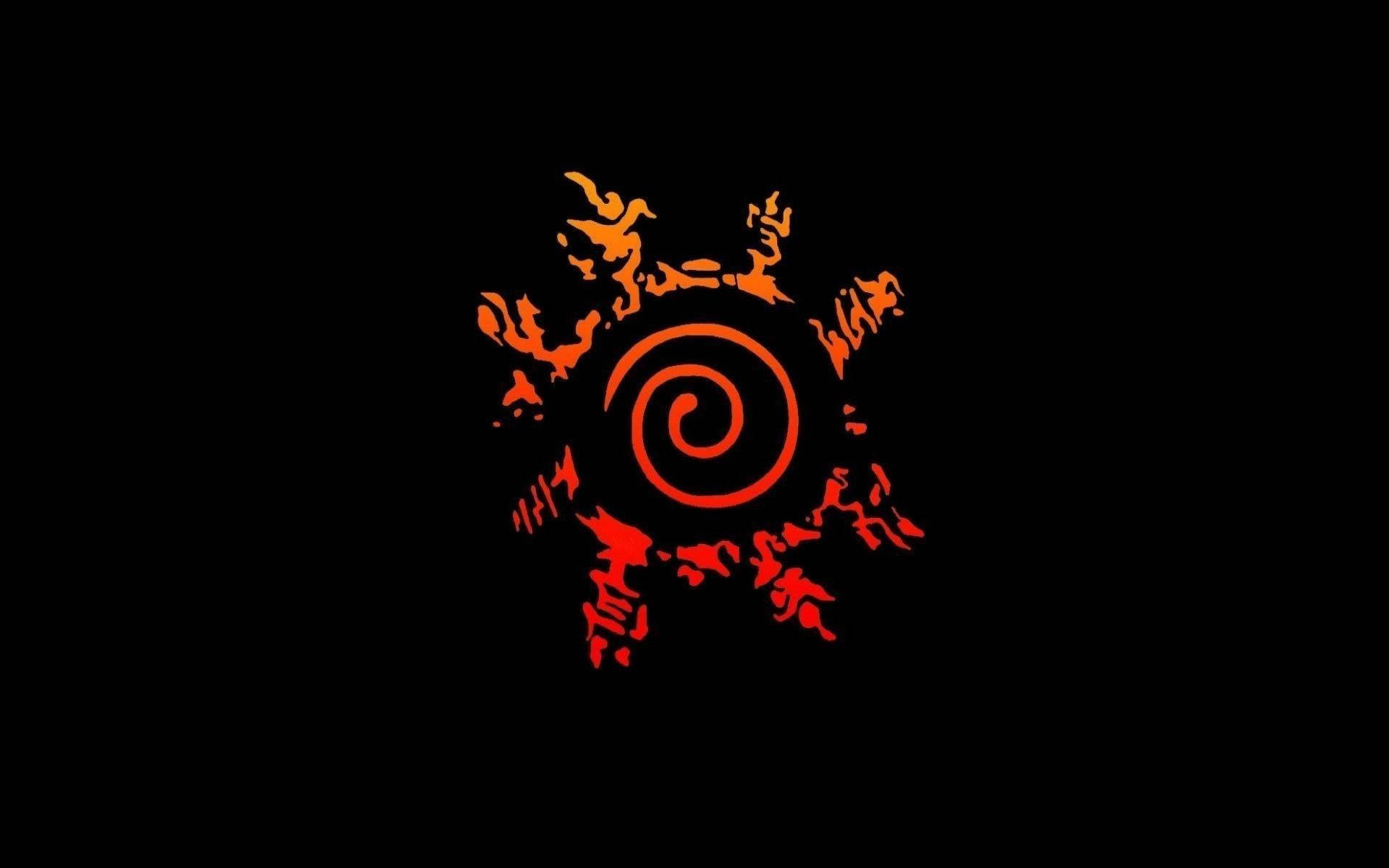 Clan 桌布 壁紙 — 一個熾熱的橙色螺旋徽章，帶有鋸齒狀的火焰狀延伸部分，在純黑色背景上發光。