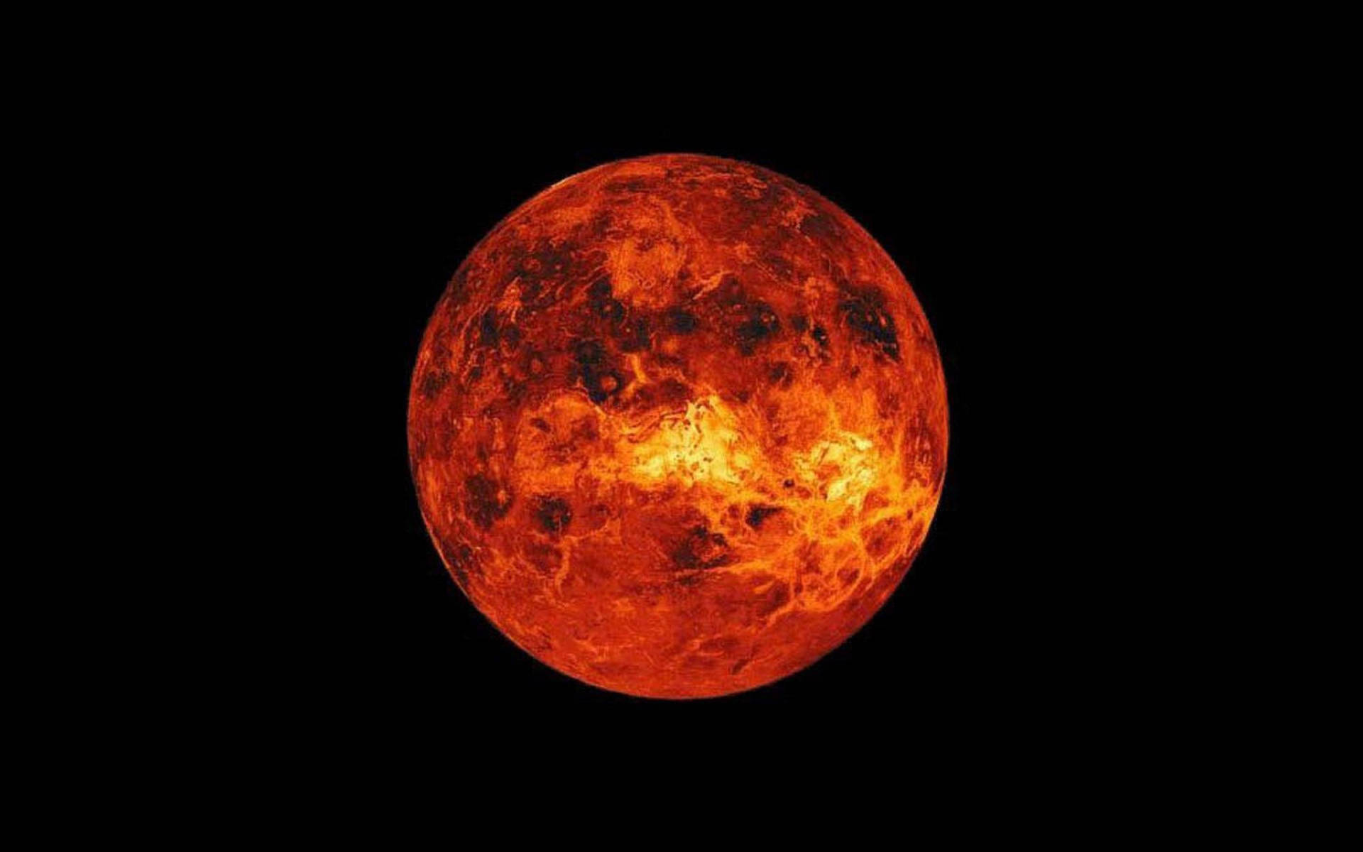 太陽系 桌布 壁紙 — 一個熾熱的橙色行星，帶有旋轉的雲層和暗斑，在黑色虛空中發光。