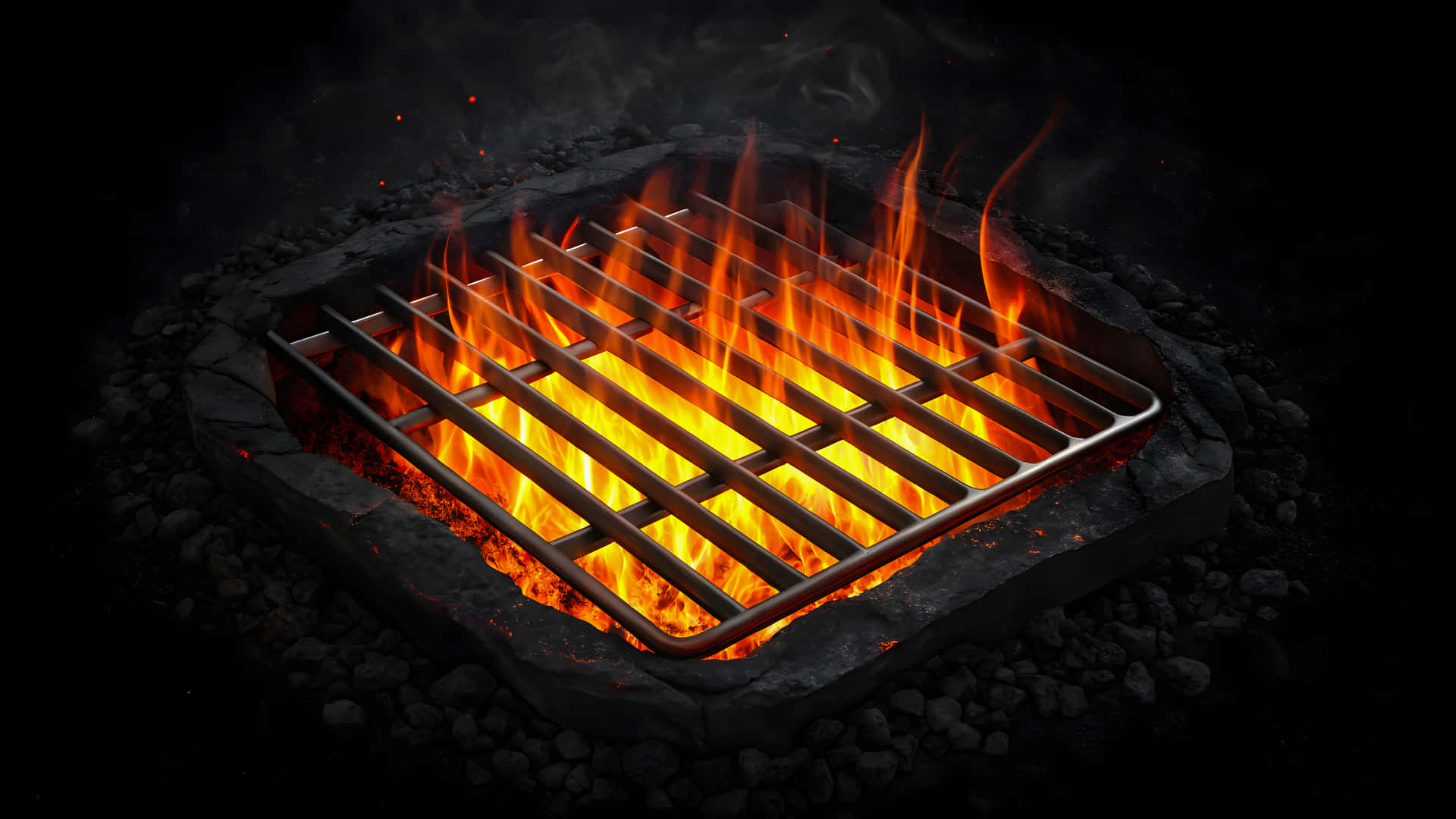 Metal grill over a fire pit with flames and smoke on dark background 壁紙 — 一個熾熱的烤架在石頭圍欄內熊熊燃燒，周圍環繞著深色岩石和煙霧。