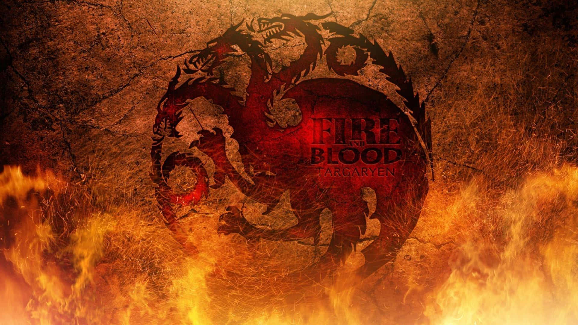冰與火之歌 桌布 壁紙 — 一個熾熱的紅色龍徽章，上面有「Fire and Blood Targaryen」文字，在佈滿裂縫的地球背景上燃燒，周圍環繞著火焰。