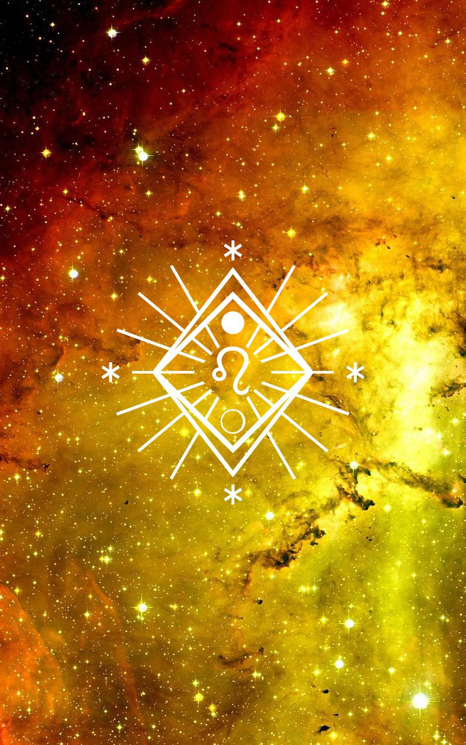 Leo 桌布 壁紙 — 一個熾熱的紅金色宇宙星雲，中心有一個發光的白色幾何符號，帶有問號。