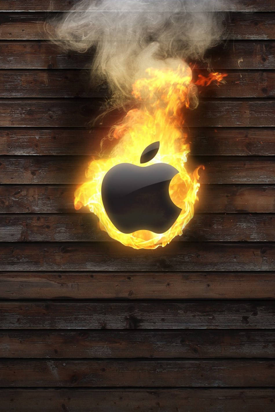 iPod Touch 桌布 壁紙 — 一個燃燒中的Apple標誌在深色木板上猛烈燃燒，煙霧升騰。