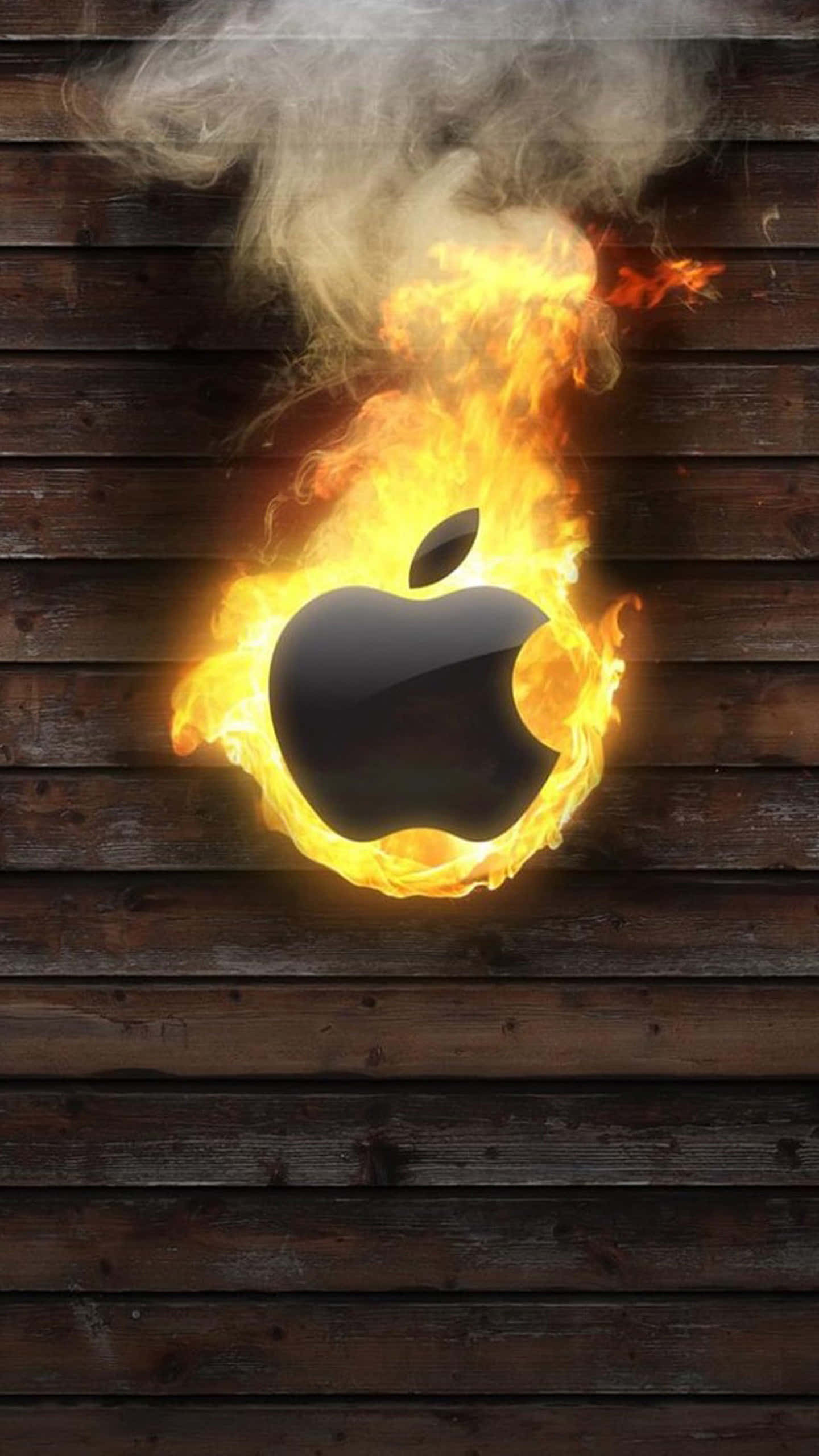 主畫面 桌布 壁紙 — 一個燃燒的Apple標誌在深色木板上生動地燃燒，煙霧升騰。